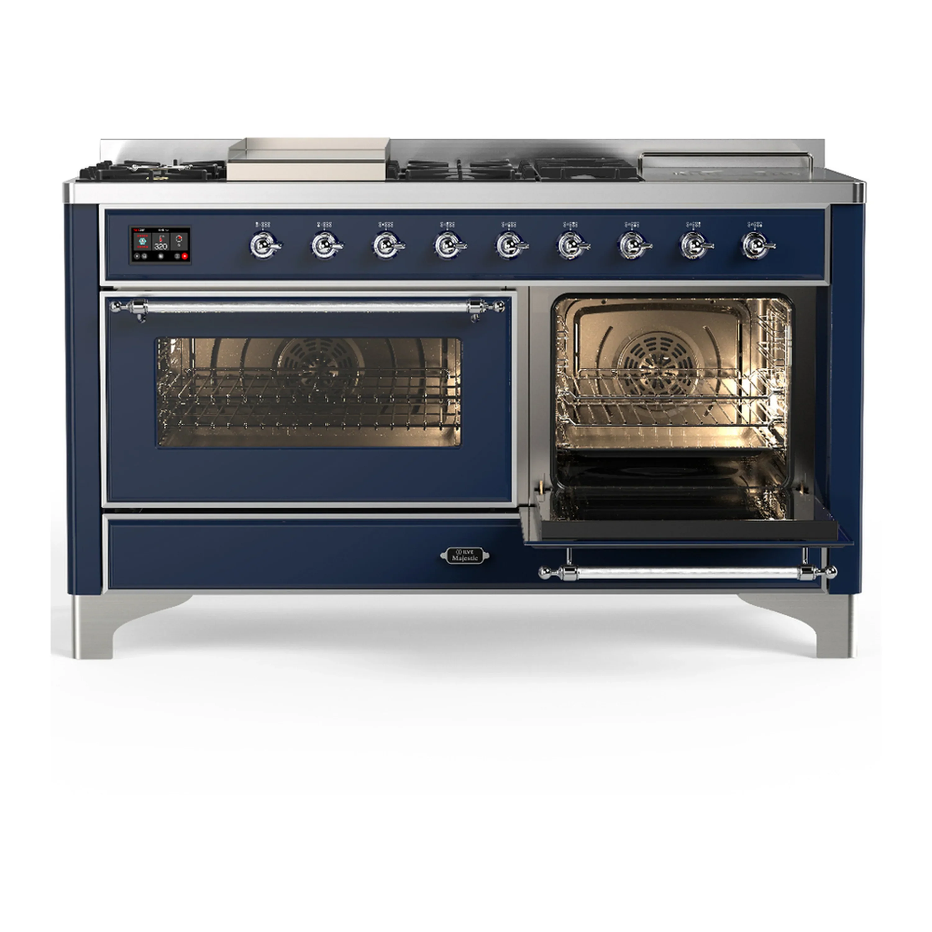 ILVE Majestic III 60-inch Dual Fuel Range with 7 Natural Gas Burner, Griddle, French Top and Triple Glass Door Electric Oven in Midnight Blue with Chrome Trim (UM60FSNR3MBC) - Image 4