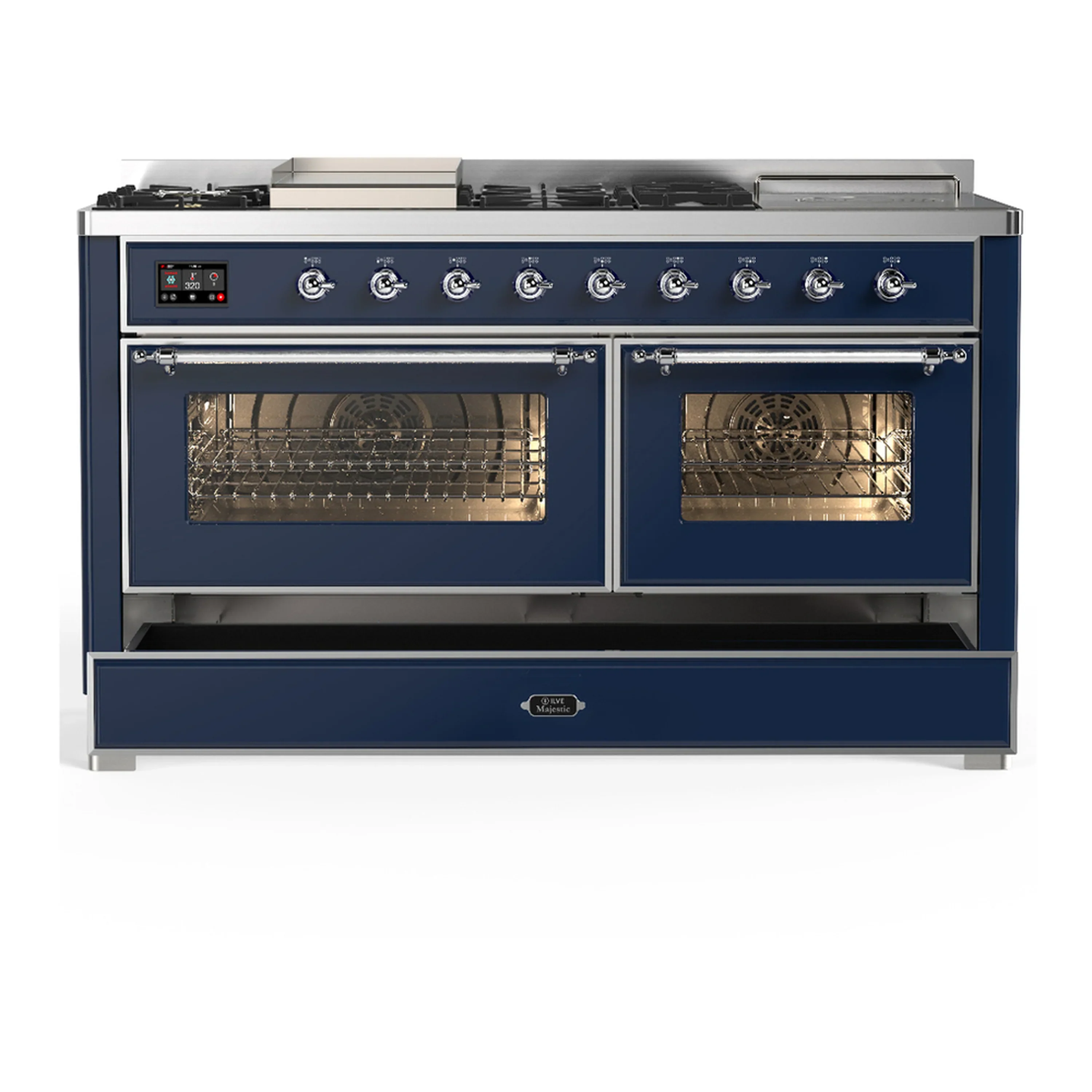 ILVE Majestic III 60-inch Dual Fuel Range with 5 Liquid Propane Burner, Griddle, French Top and Triple Glass Door Electric Oven in Midnight Blue with Chrome Trim (UM60FSNR3MBCLP) - Image 3