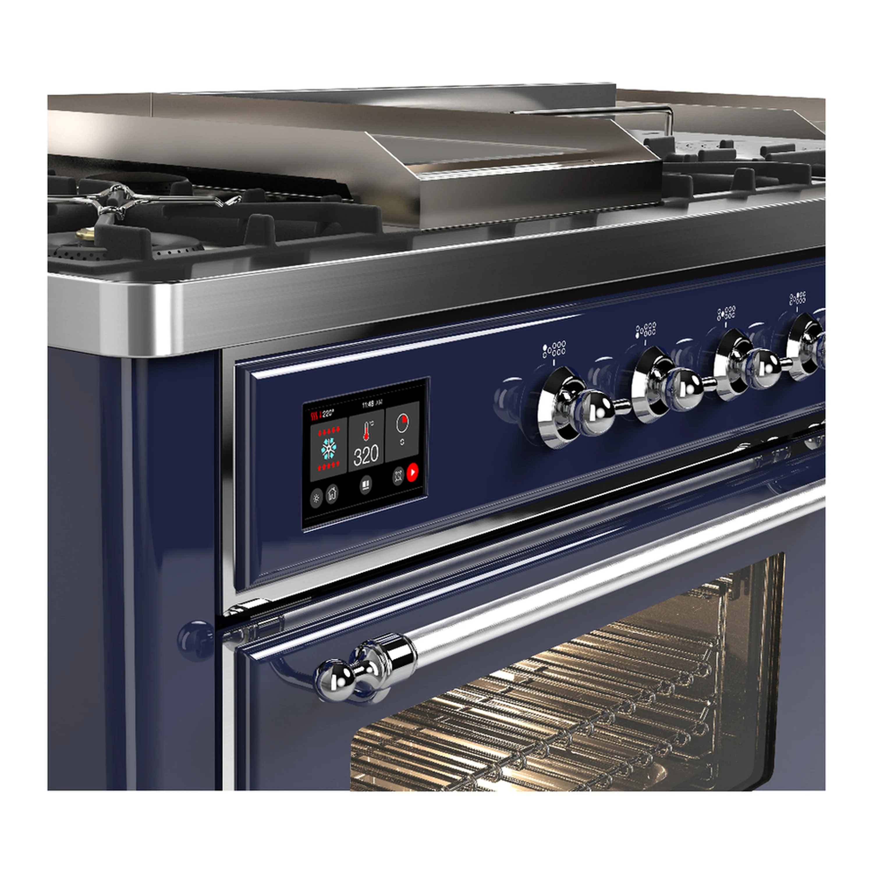 ILVE Majestic III 60-inch Dual Fuel Range with 5 Liquid Propane Burner, Griddle, French Top and Triple Glass Door Electric Oven in Midnight Blue with Chrome Trim (UM60FSNR3MBCLP) - Image 7