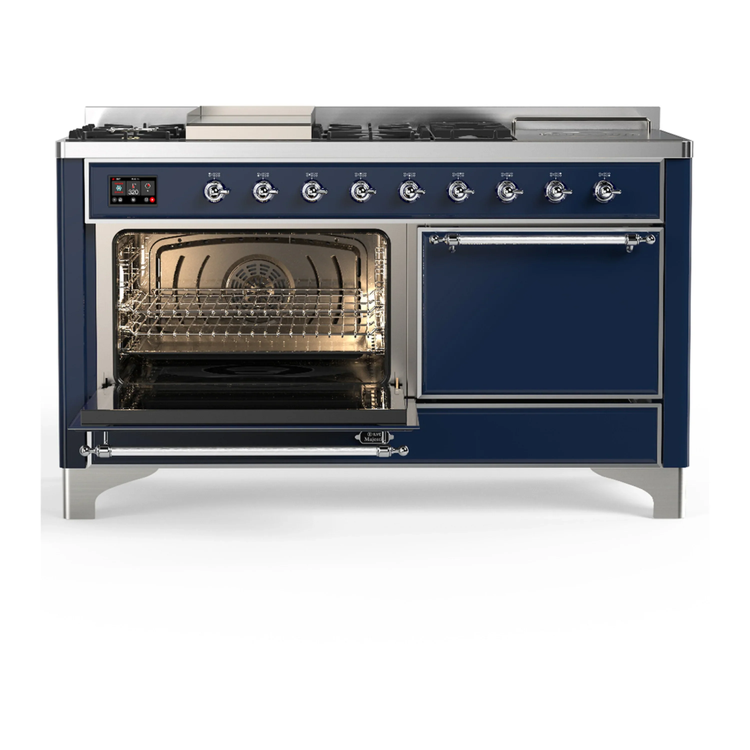 ILVE Majestic III 60-inch Dual Fuel Range with 7 Natural Gas Burner, Griddle, French Top and Solid Door Electric Oven in Midnight Blue with Chrome Trim (UM60FSQNR3MBC) - Image 5