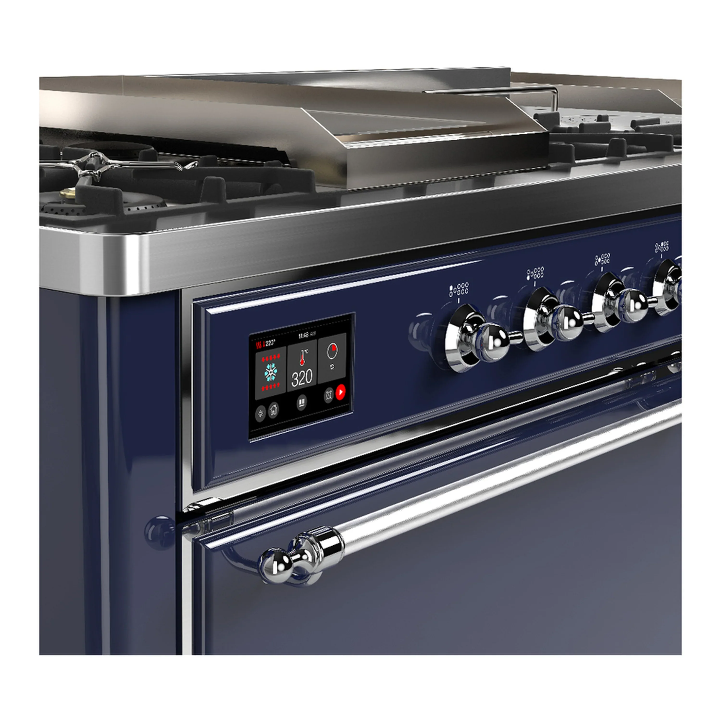 ILVE Majestic III 60-inch Dual Fuel Range with 7 Natural Gas Burner, Griddle, French Top and Solid Door Electric Oven in Midnight Blue with Chrome Trim (UM60FSQNR3MBC) - Image 7