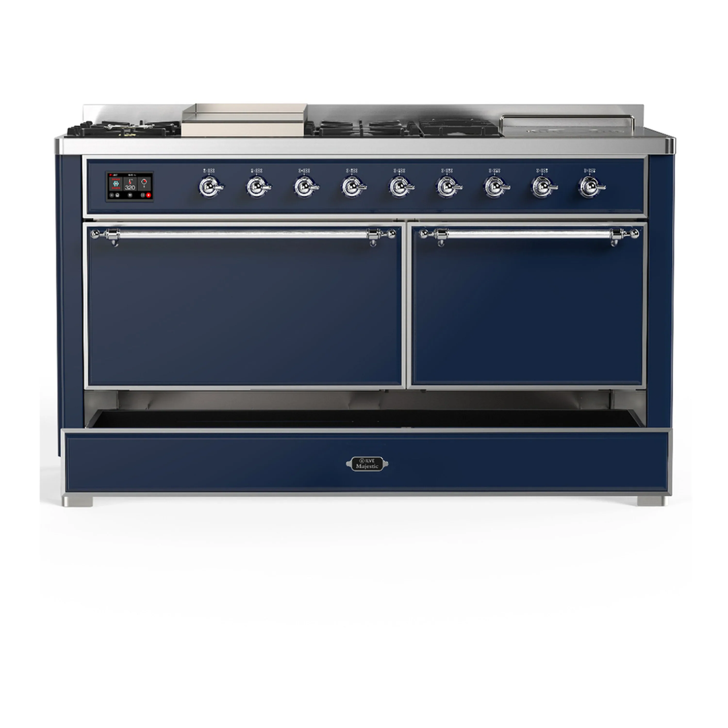 ILVE Majestic III 60-inch Dual Fuel Range with 5 Liquid Propane Burner, Griddle, French Top and Solid Door Electric Oven in Midnight Blue with Chrome Trim (UM60FSQNR3MBCLP) - Image 3