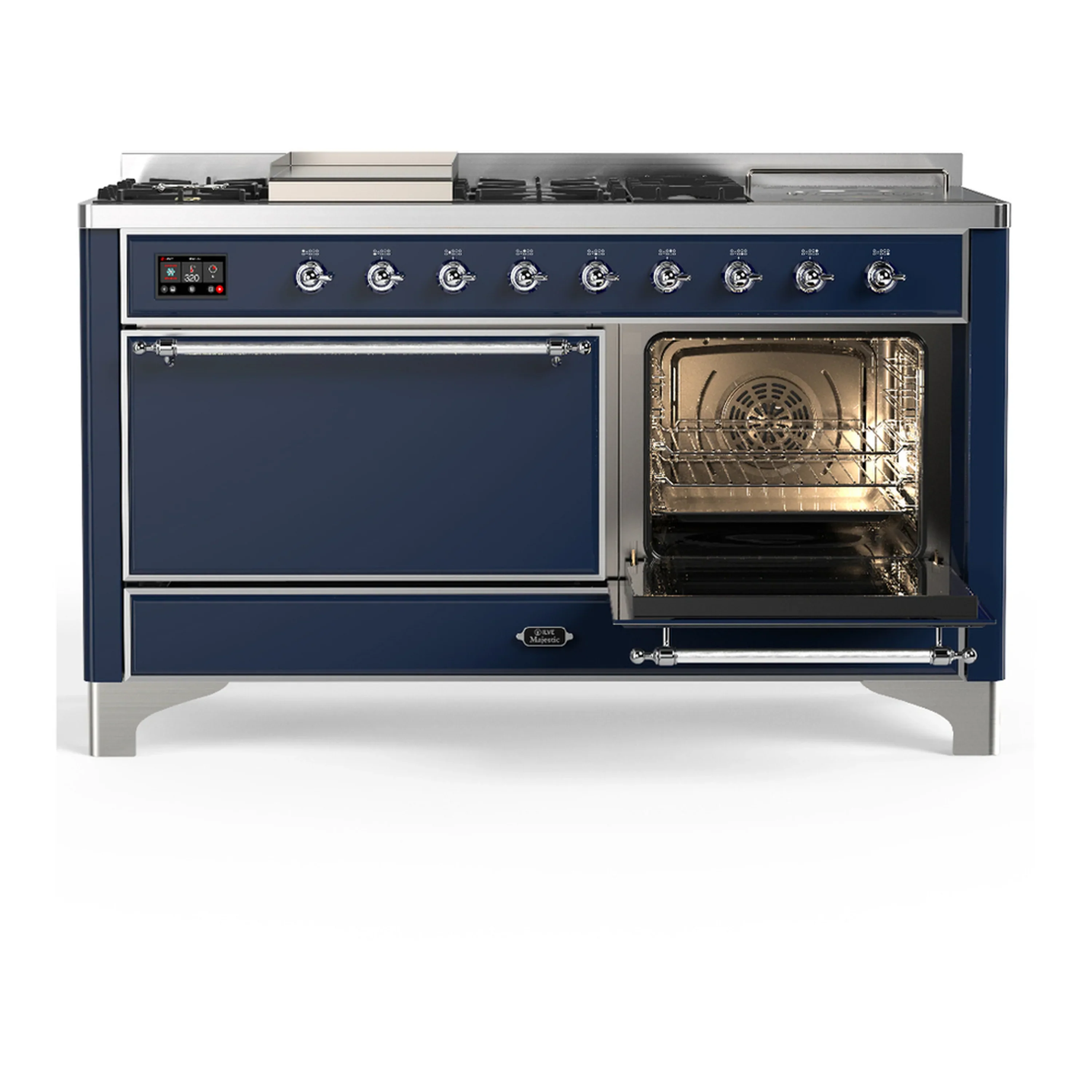 ILVE Majestic III 60-inch Dual Fuel Range with 5 Liquid Propane Burner, Griddle, French Top and Solid Door Electric Oven in Midnight Blue with Chrome Trim (UM60FSQNR3MBCLP) - Image 4