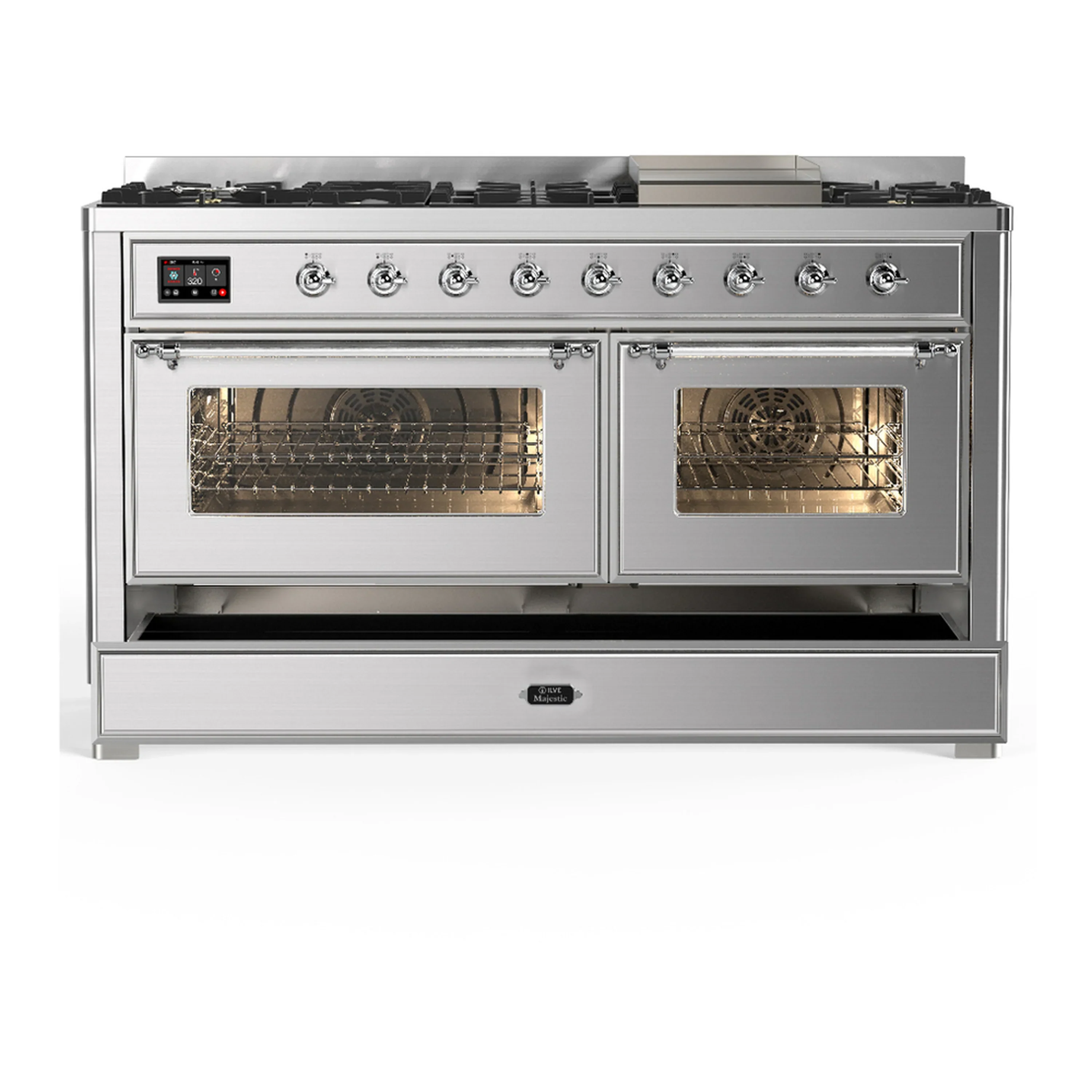 ILVE Majestic III 60-inch Dual Fuel Range with 7 Natural Gas Burner, Griddle and Triple Glass Door Electric Oven in Stainless Steel with Chrome Trim (UM60FNR3SSC) - Image 3