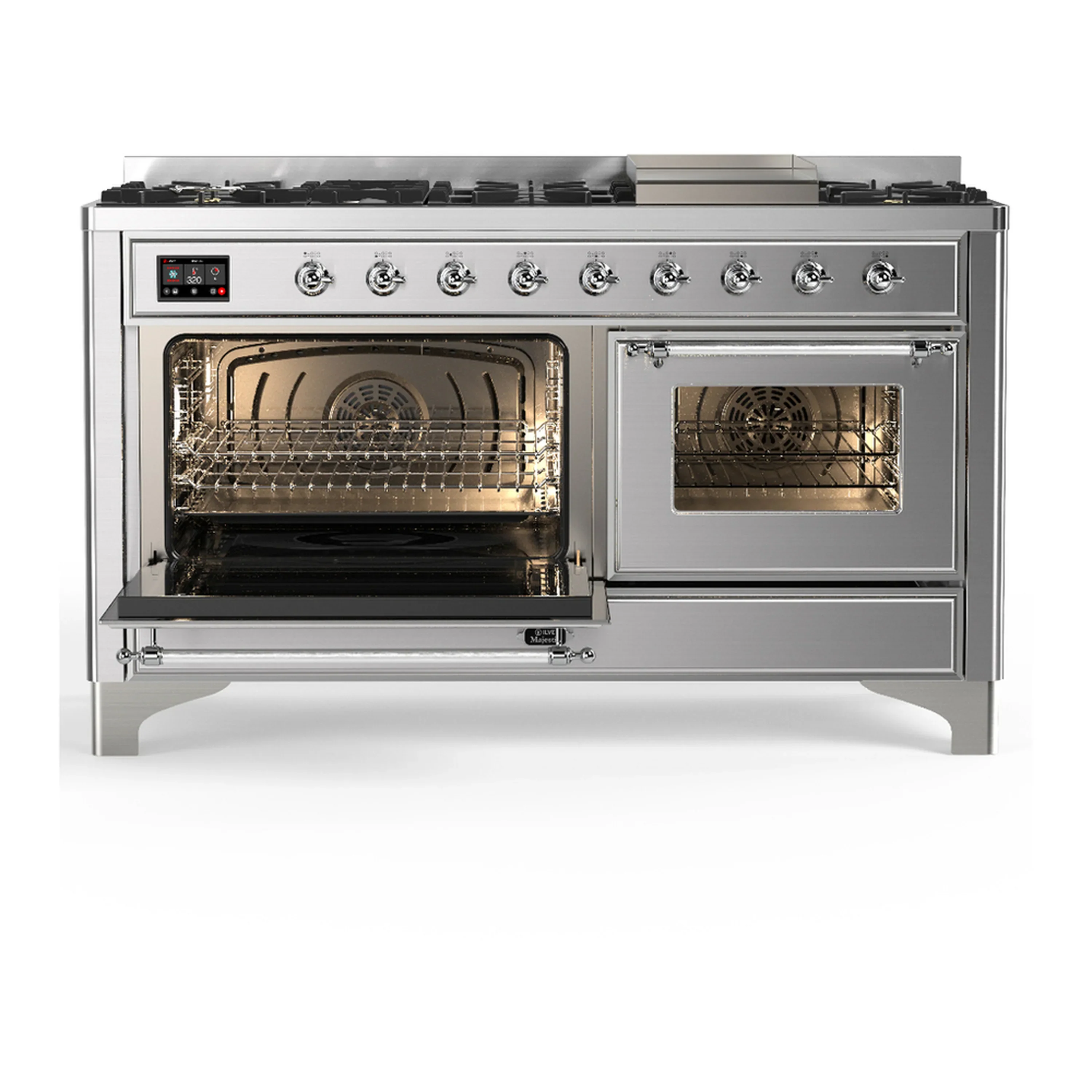 ILVE Majestic III 60-inch Dual Fuel Range with 7 Natural Gas Burner, Griddle and Triple Glass Door Electric Oven in Stainless Steel with Chrome Trim (UM60FNR3SSC) - Image 5