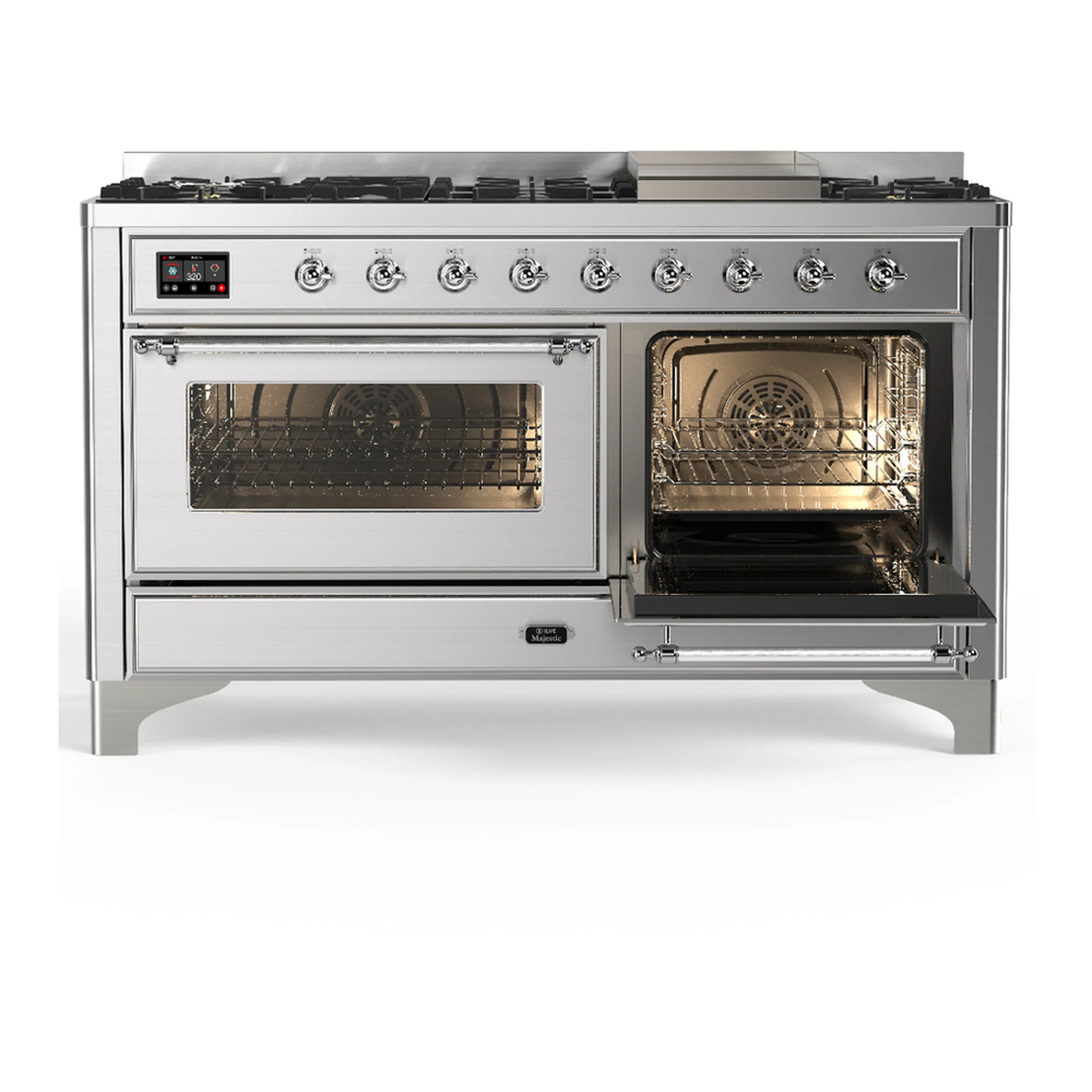 ILVE Majestic III 60-inch Dual Fuel Range with 5 Liquid Propane Burner, Griddle and Triple Glass Door Electric Oven in Stainless Steel with Chrome Trim (UM60FNR3SSCLP) - Image 4