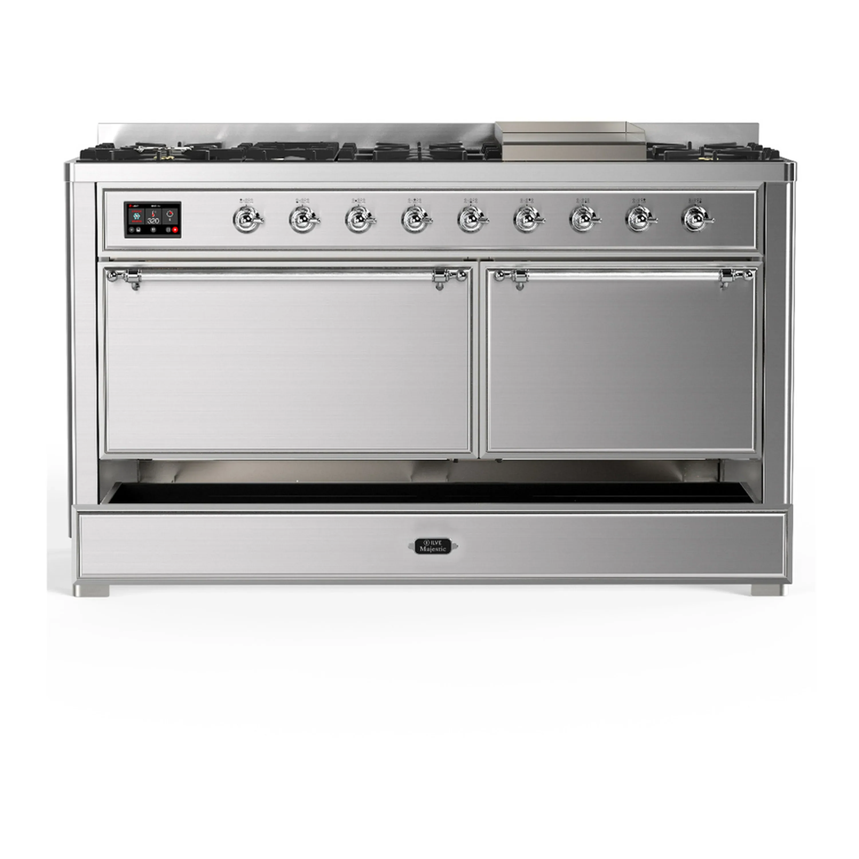 ILVE Majestic III 60-inch Dual Fuel Range with 5 Liquid Propane Burner, Griddle and Solid Door Electric Oven in Stainless Steel with Chrome Trim (UM60FQNR3SSCLP) - Image 3