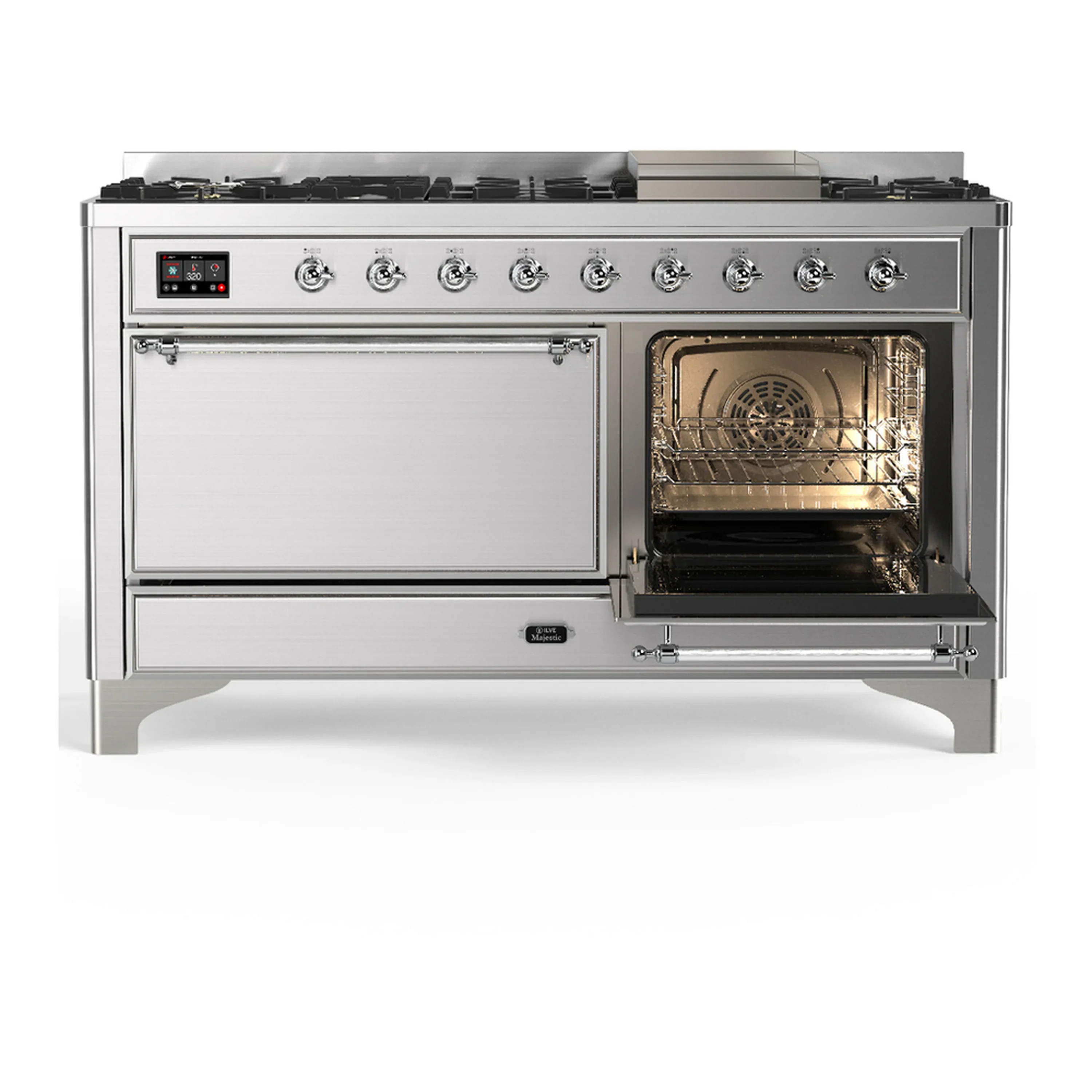 ILVE Majestic III 60-inch Dual Fuel Range with 5 Liquid Propane Burner, Griddle and Solid Door Electric Oven in Stainless Steel with Chrome Trim (UM60FQNR3SSCLP) - Image 4