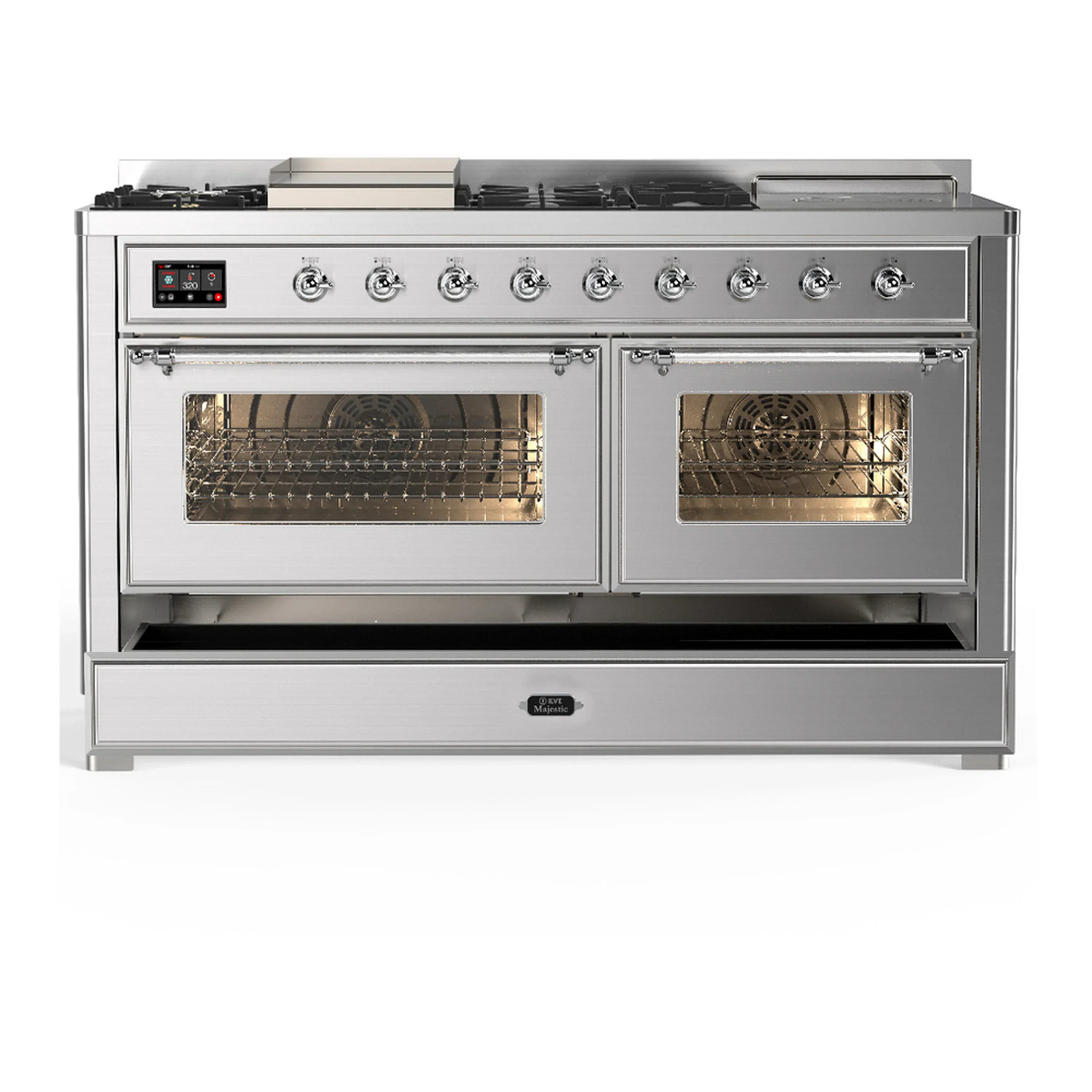 ILVE Majestic III 60-inch Dual Fuel Range with 7 Natural Gas Burner, Griddle, French Top and Triple Glass Door Electric Oven in Stainless Steel with Chrome Trim (UM60FSNR3SSC) - Image 3