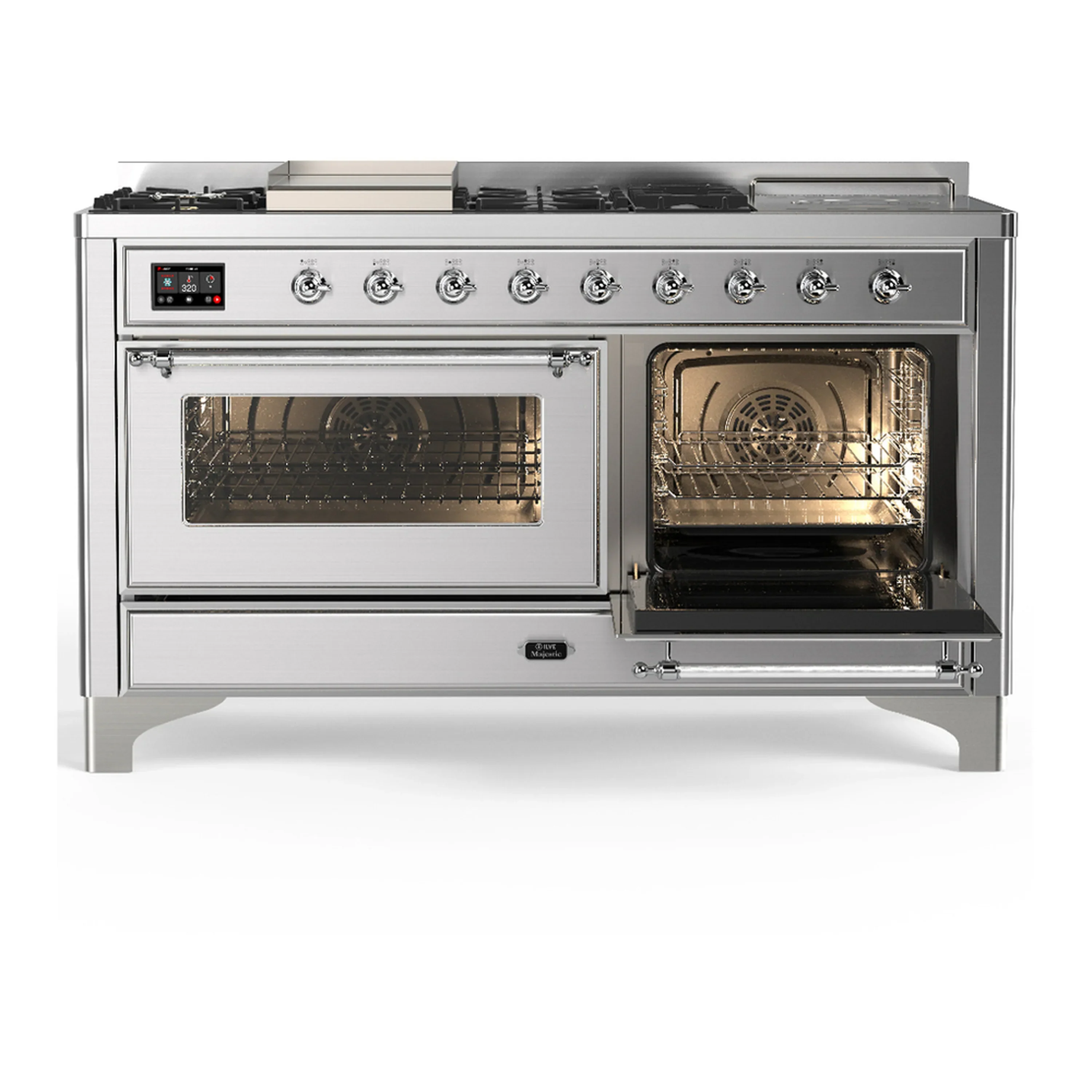 ILVE Majestic III 60-inch Dual Fuel Range with 7 Natural Gas Burner, Griddle, French Top and Triple Glass Door Electric Oven in Stainless Steel with Chrome Trim (UM60FSNR3SSC) - Image 4