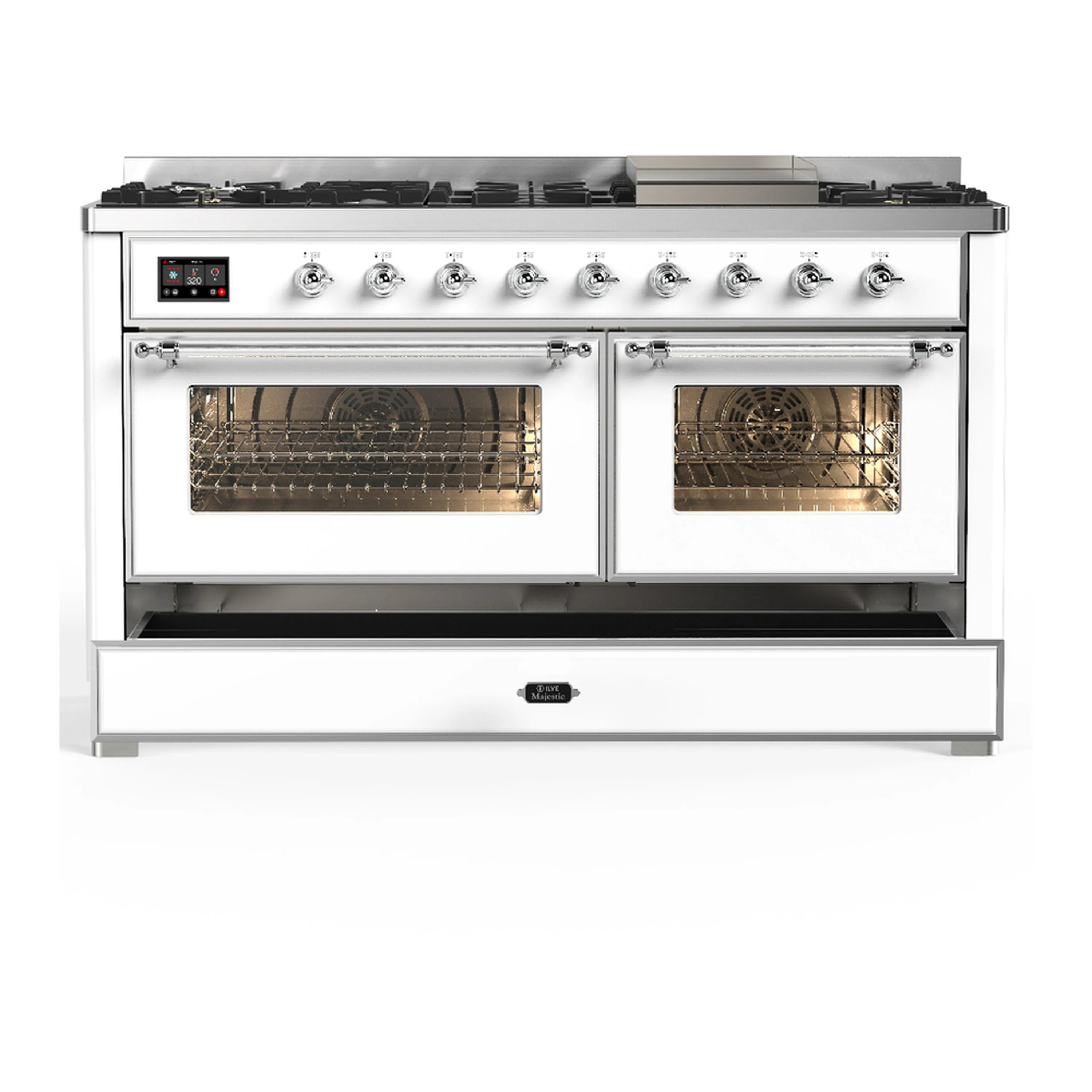 ILVE Majestic III 60-inch Dual Fuel Range with 7 Natural Gas Burner, Griddle and Triple Glass Door Electric Oven in White with Chrome Trim (UM60FNR3WHC) - Image 3