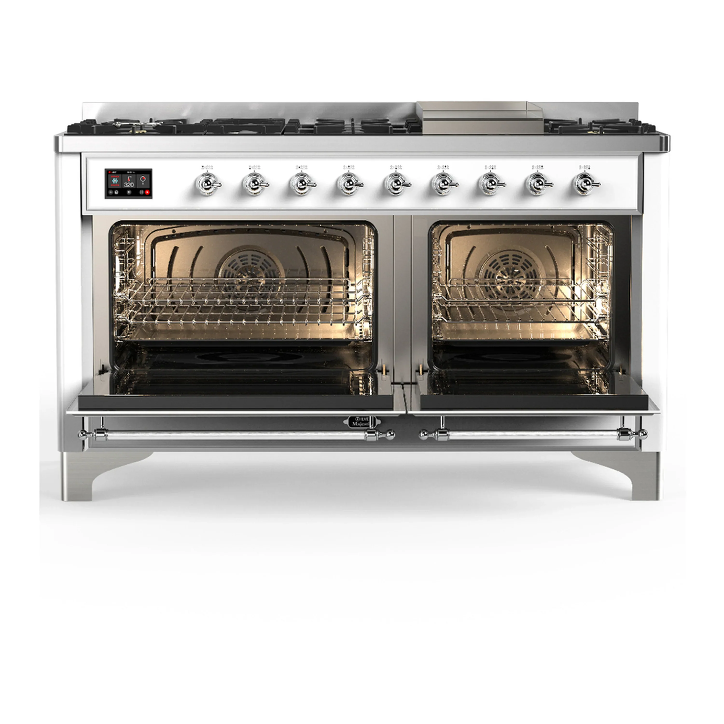 ILVE Majestic III 60-inch Dual Fuel Range with 7 Natural Gas Burner, Griddle and Triple Glass Door Electric Oven in White with Chrome Trim (UM60FNR3WHC) - Image 6