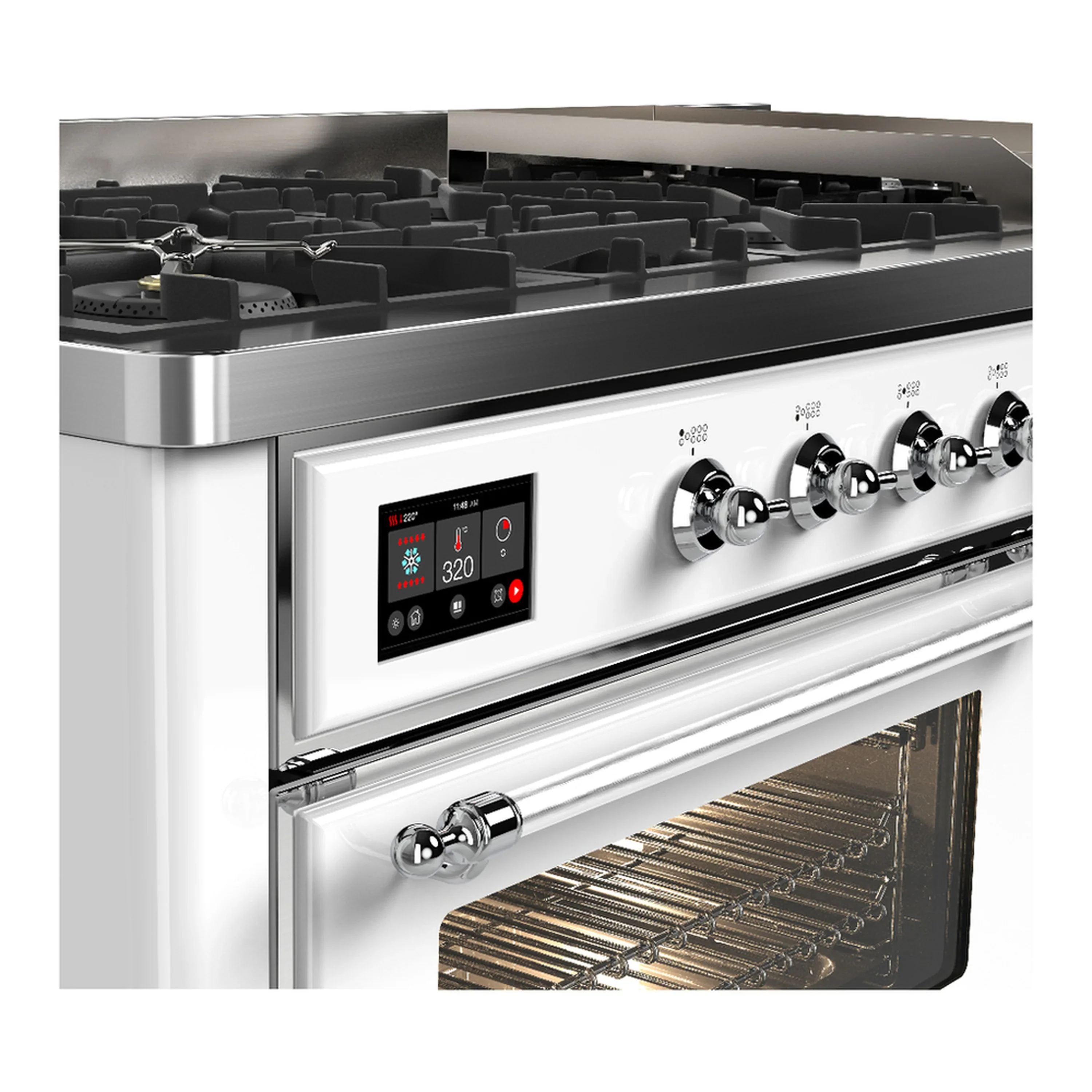 ILVE Majestic III 60-inch Dual Fuel Range with 7 Natural Gas Burner, Griddle and Triple Glass Door Electric Oven in White with Chrome Trim (UM60FNR3WHC) - Image 7