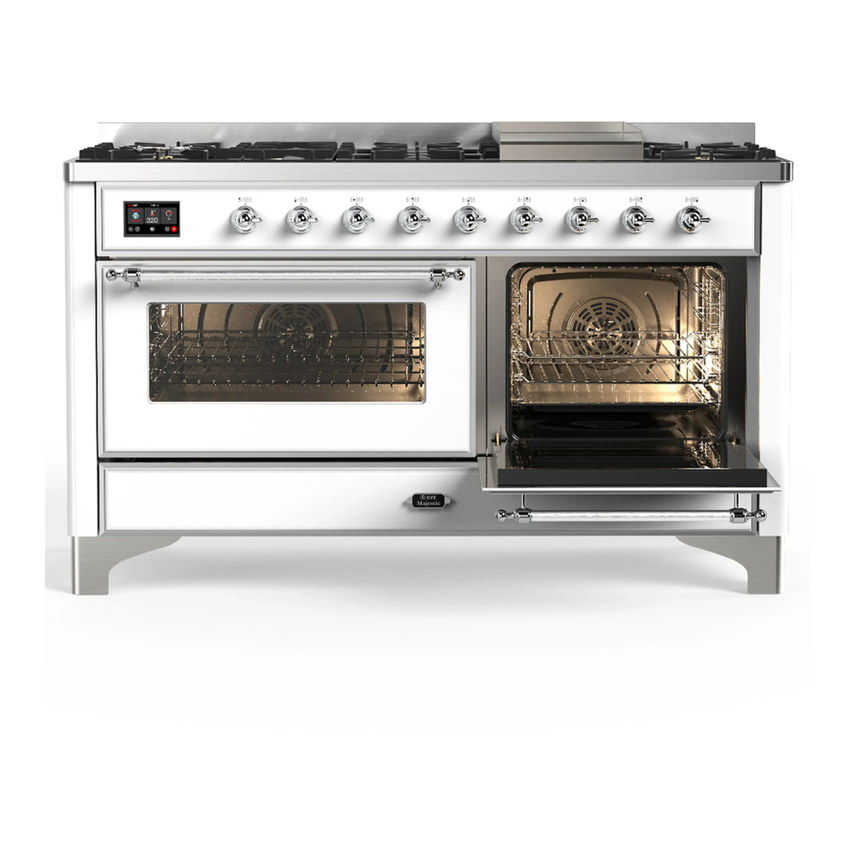ILVE Majestic III 60-inch Dual Fuel Range with 5 Liquid Propane Burner, Griddle and Triple Glass Door Electric Oven in White with Chrome Trim (UM60FNR3WHCLP) - Image 4