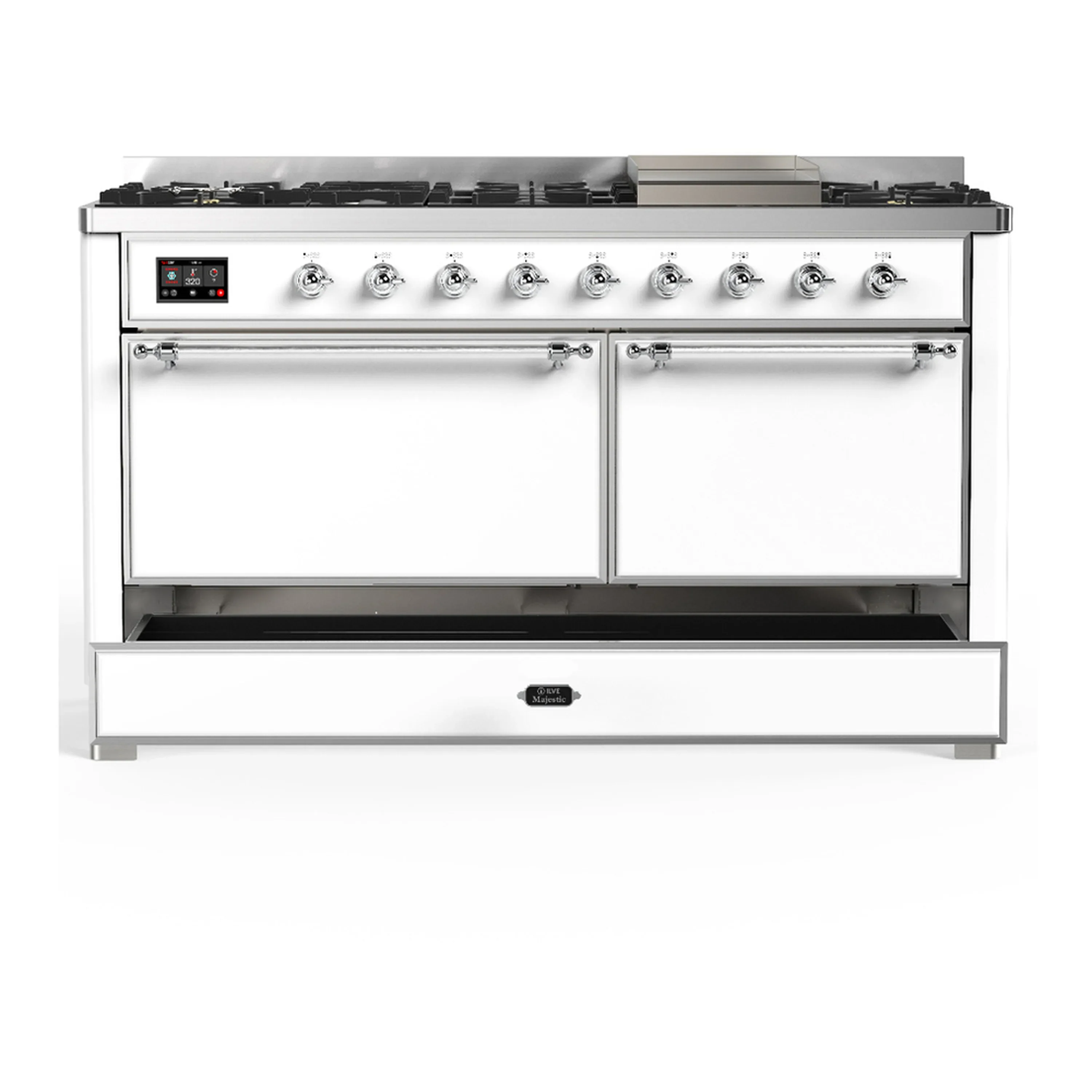 ILVE Majestic III 60-inch Dual Fuel Range with 7 Natural Gas Burner, Griddle and Solid Door Electric Oven in White with Chrome Trim (UM60FQNR3WHC) - Image 3