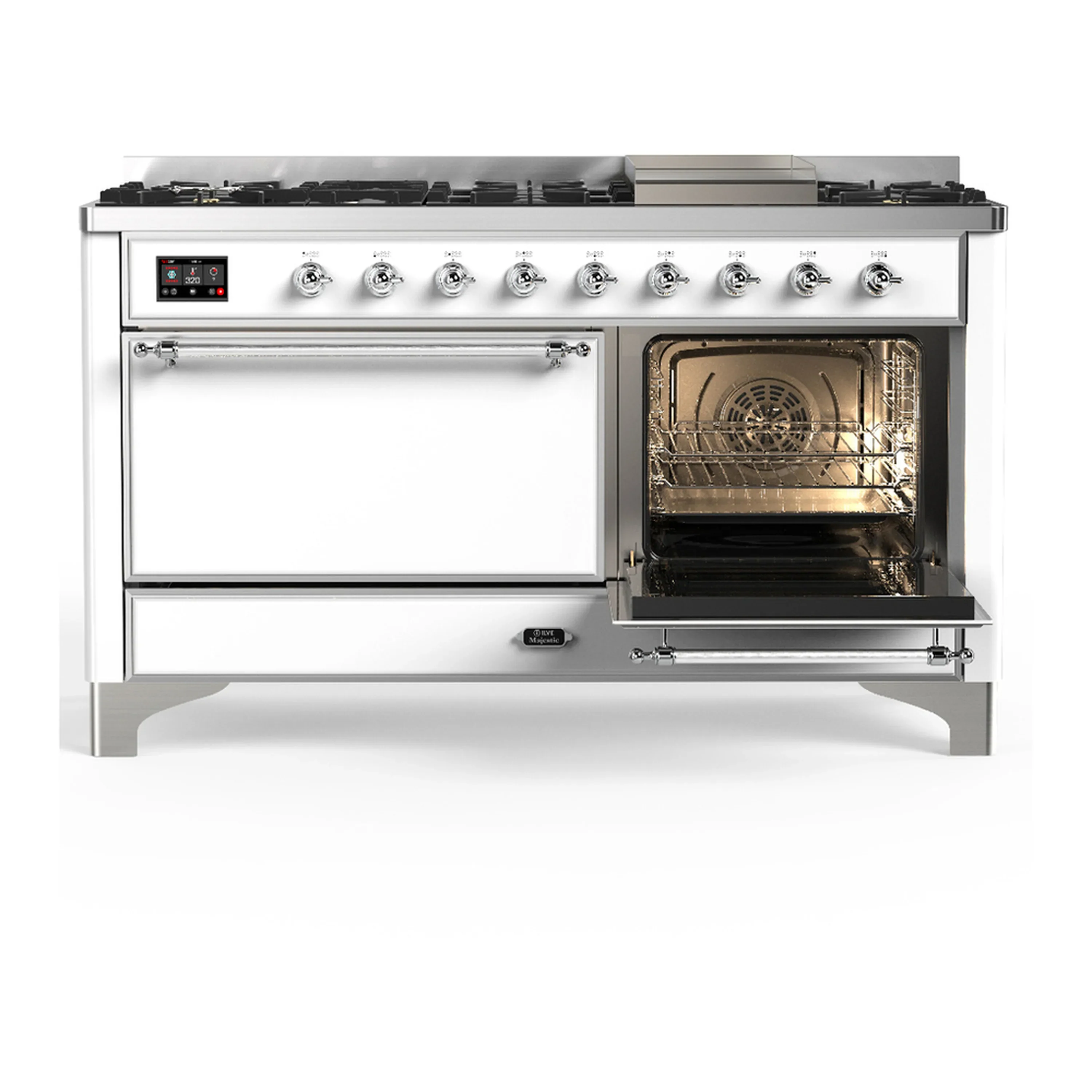 ILVE Majestic III 60-inch Dual Fuel Range with 7 Natural Gas Burner, Griddle and Solid Door Electric Oven in White with Chrome Trim (UM60FQNR3WHC) - Image 4