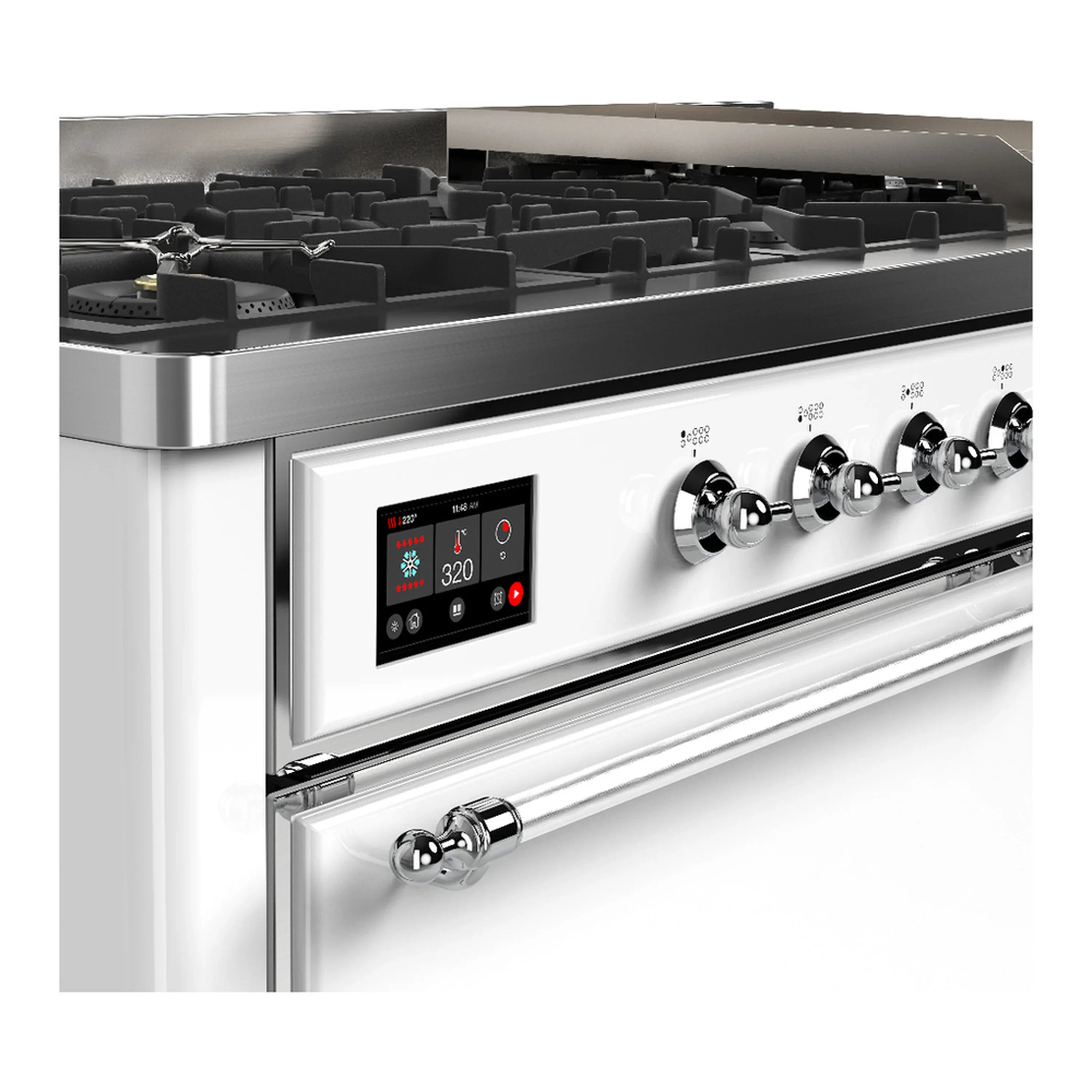 ILVE Majestic III 60-inch Dual Fuel Range with 7 Natural Gas Burner, Griddle and Solid Door Electric Oven in White with Chrome Trim (UM60FQNR3WHC) - Image 7