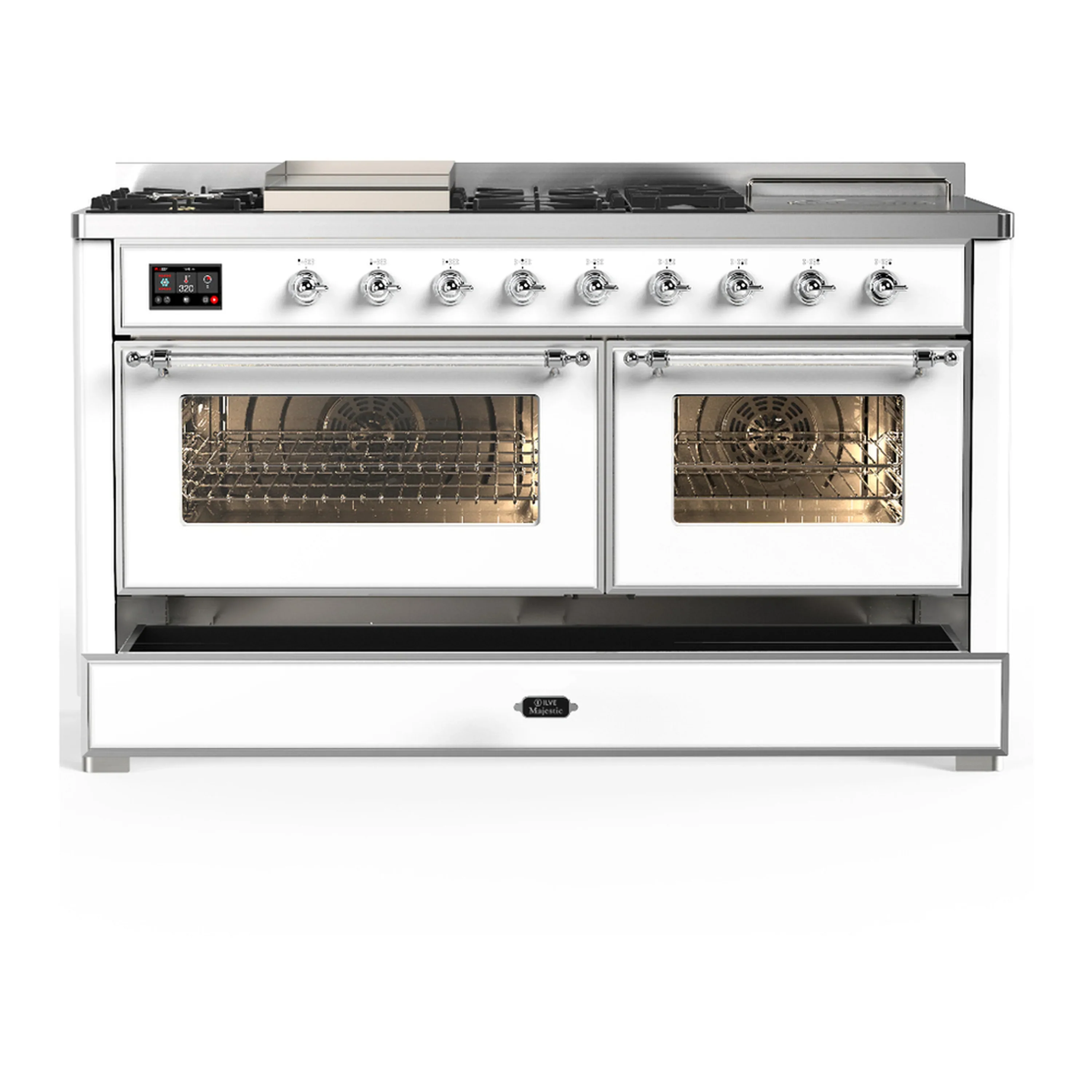 ILVE Majestic III 60-inch Dual Fuel Range with 7 Natural Gas Burner, Griddle, French Top and Triple Glass Door Electric Oven in White with Chrome Trim (UM60FSNR3WHC) - Image 3
