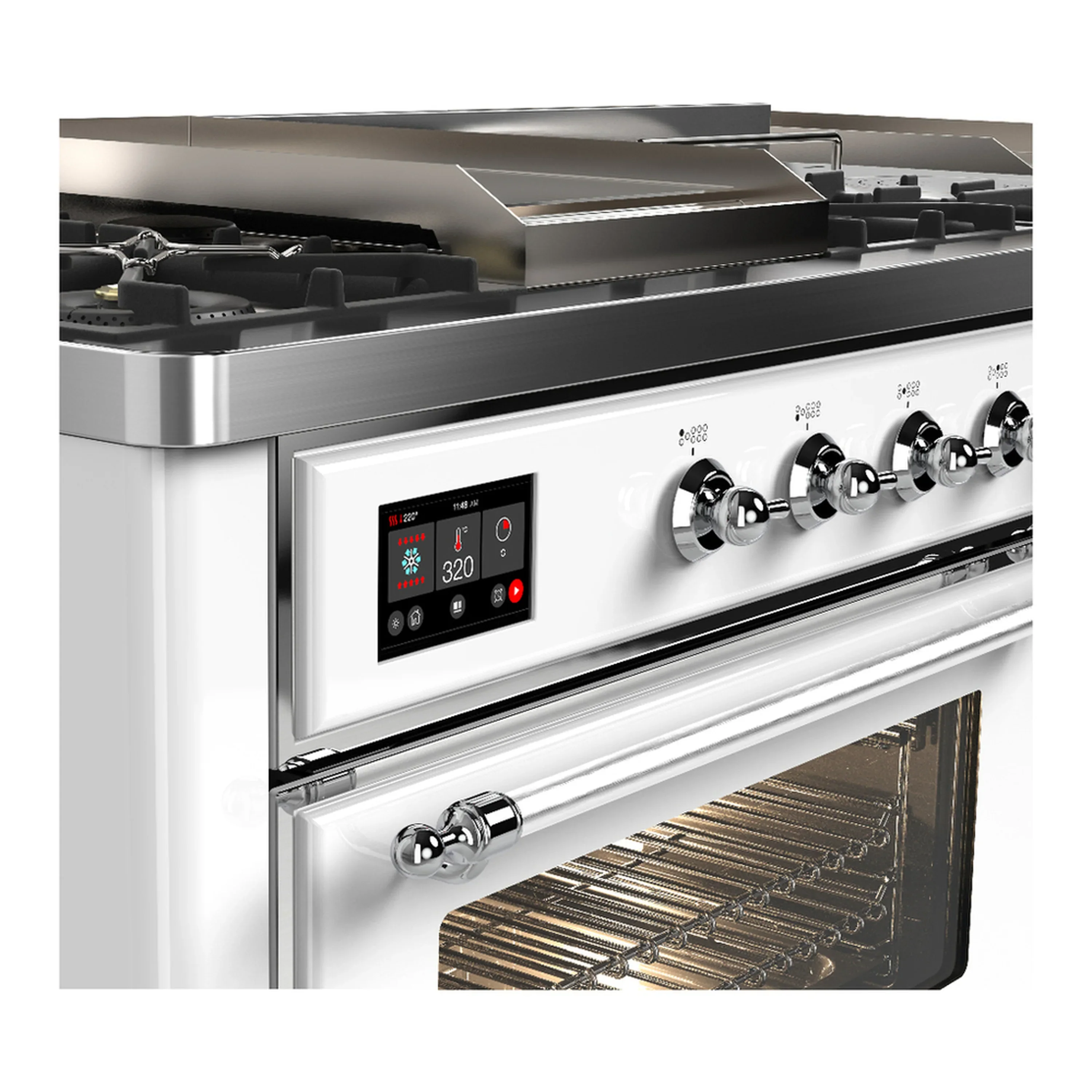 ILVE Majestic III 60-inch Dual Fuel Range with 7 Natural Gas Burner, Griddle, French Top and Triple Glass Door Electric Oven in White with Chrome Trim (UM60FSNR3WHC) - Image 7