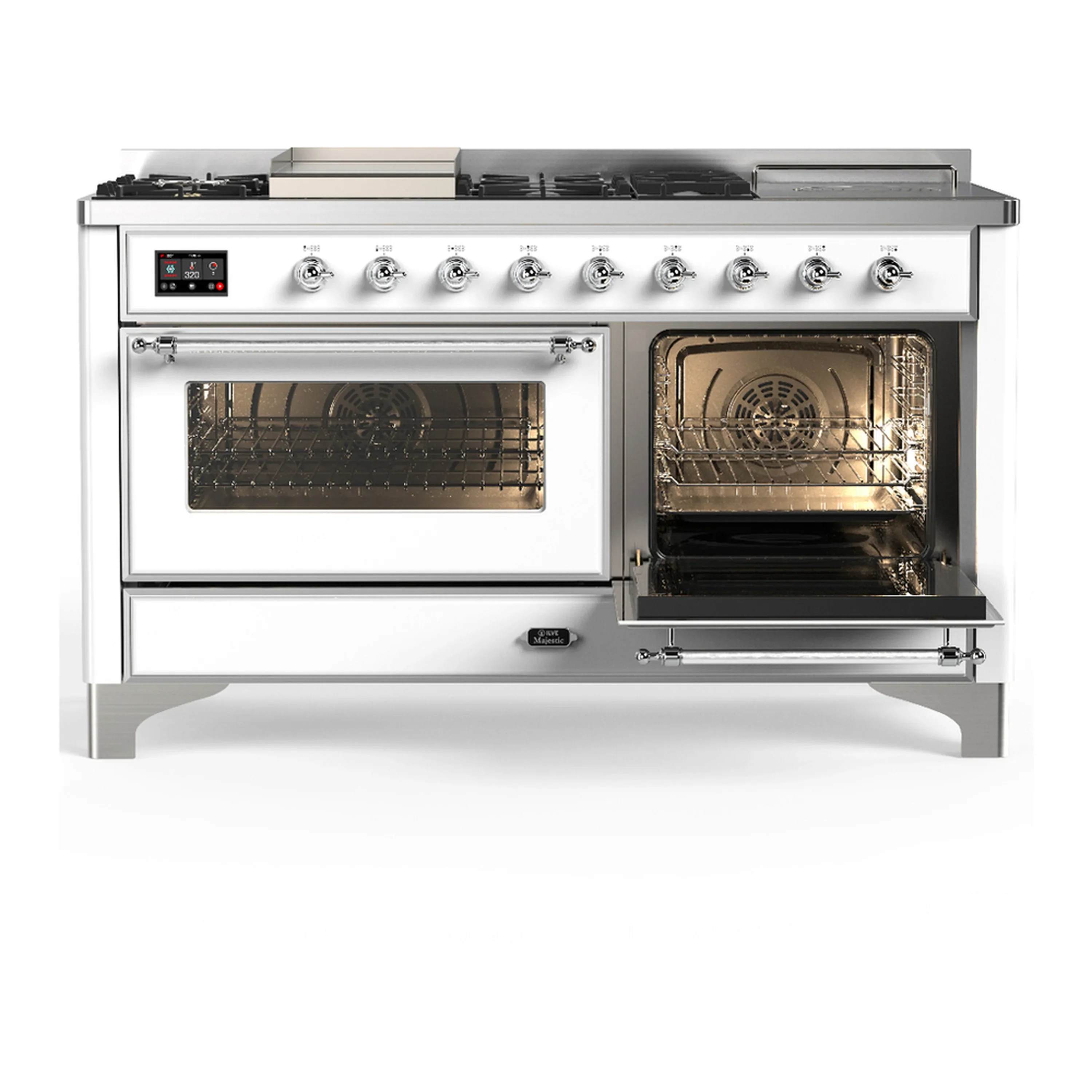 ILVE Majestic III 60-inch Dual Fuel Range with 5 Liquid Propane Burner, Griddle, French Top and Triple Glass Door Electric Oven in White with Chrome Trim (UM60FSNR3WHCLP) - Image 4