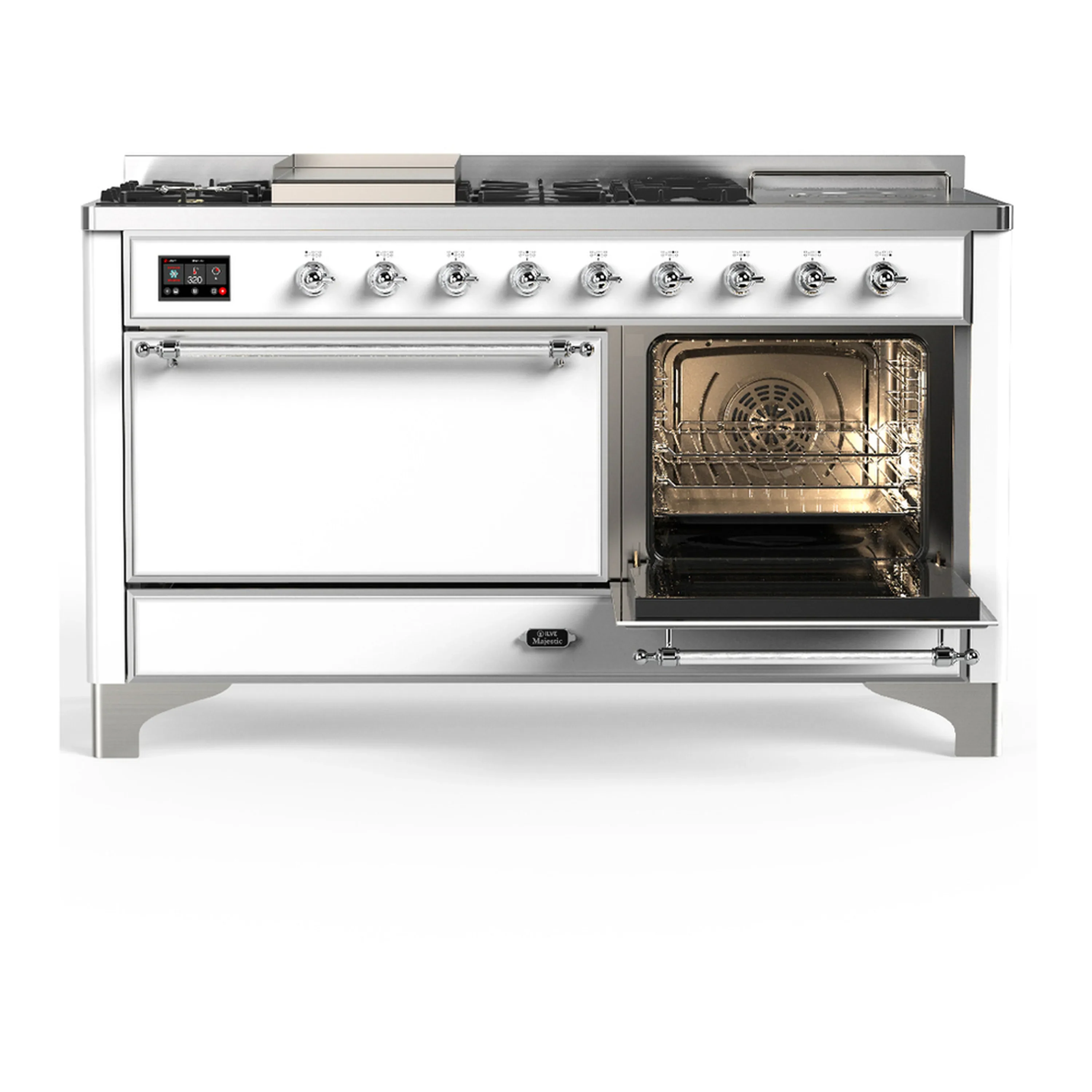 ILVE Majestic III 60-inch Dual Fuel Range with 7 Natural Gas Burner, Griddle, French Top and Solid Door Electric Oven in White with Chrome Trim (UM60FSQNR3WHC) - Image 4