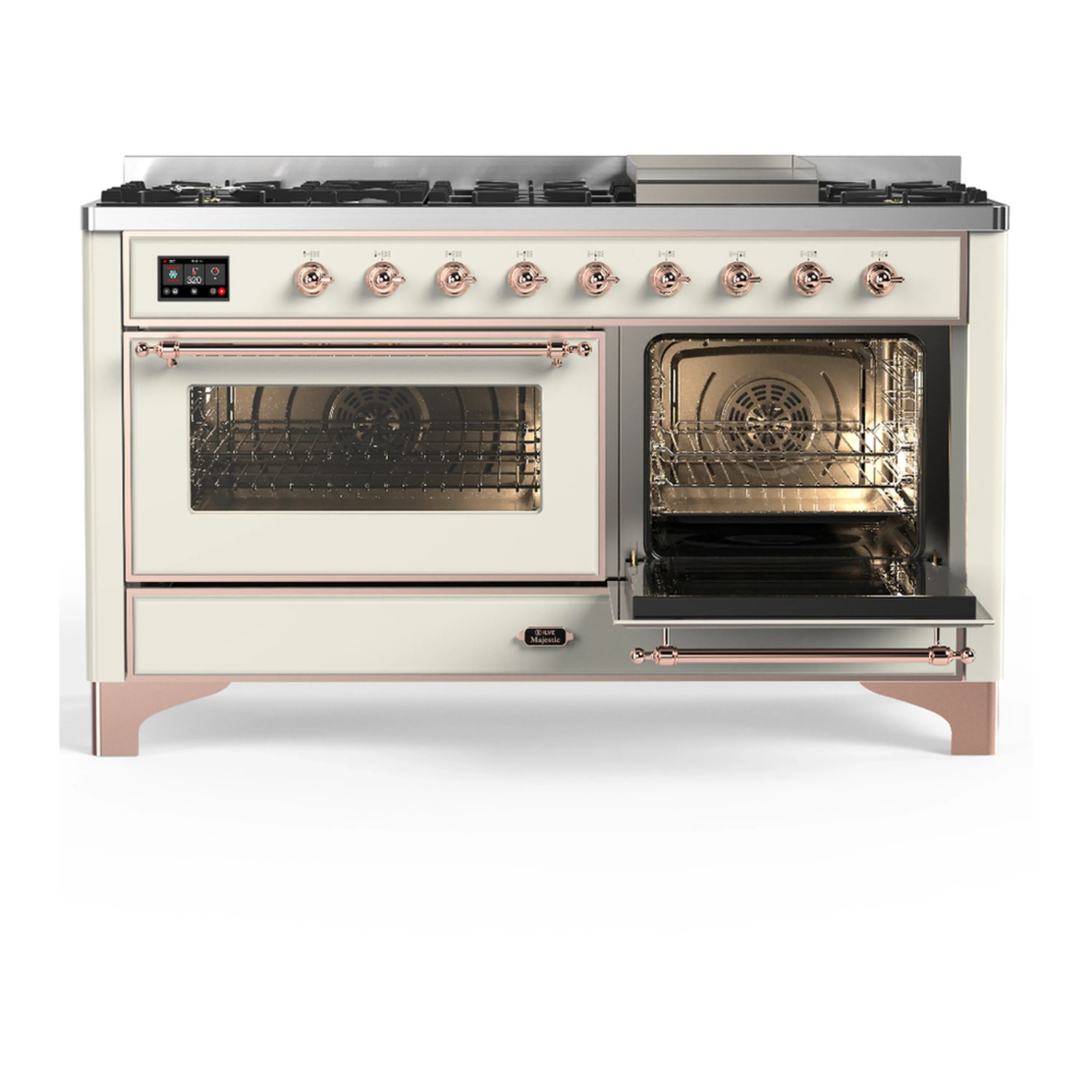 ILVE Majestic III 60-inch Dual Fuel Range with 7 Natural Gas Burner, Griddle and Triple Glass Door Electric Oven in Antique White with Copper Trim (UM60FNR3AWP) - Image 4
