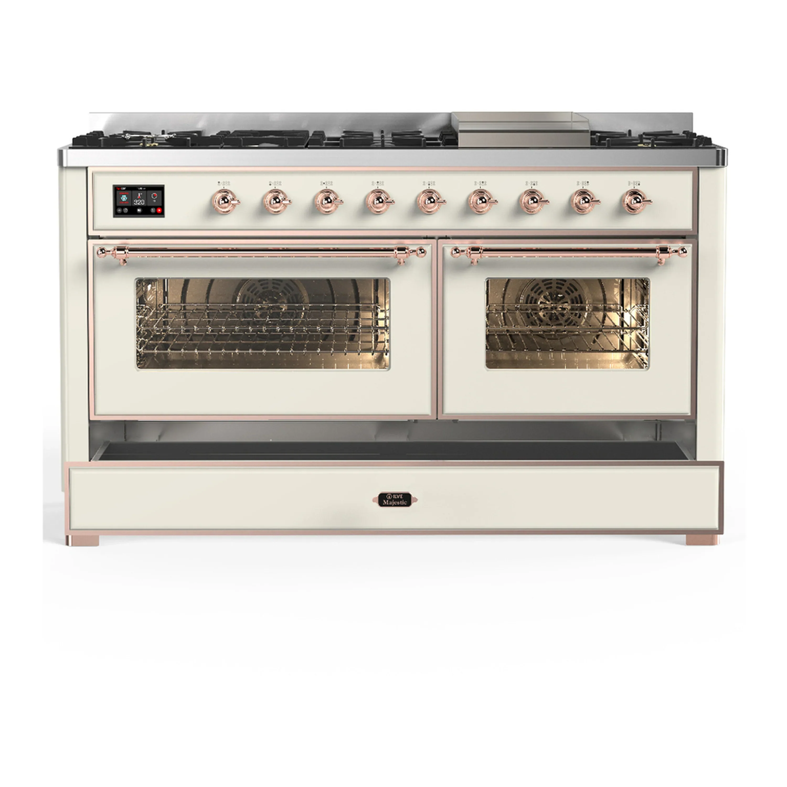 ILVE Majestic III 60-inch Dual Fuel Range with 5 Liquid Propane Burner, Griddle and Triple Glass Door Electric Oven in Antique White with Copper Trim (UM60FNR3AWPLP) - Image 3