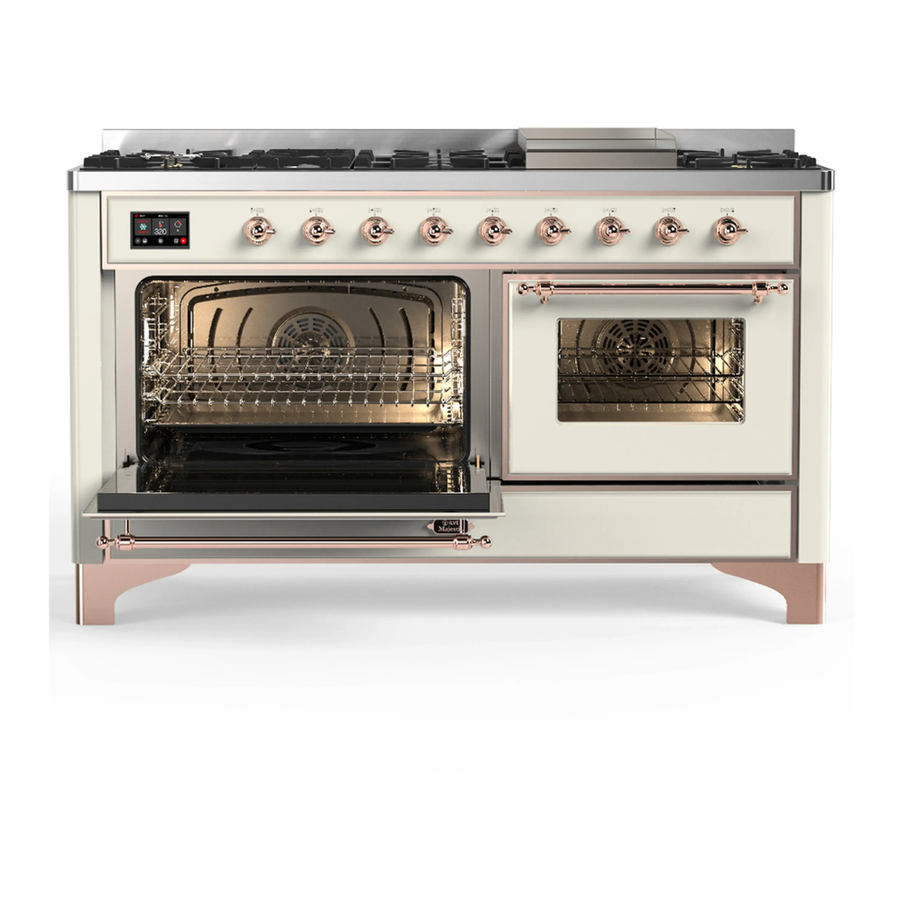 ILVE Majestic III 60-inch Dual Fuel Range with 5 Liquid Propane Burner, Griddle and Triple Glass Door Electric Oven in Antique White with Copper Trim (UM60FNR3AWPLP) - Image 5
