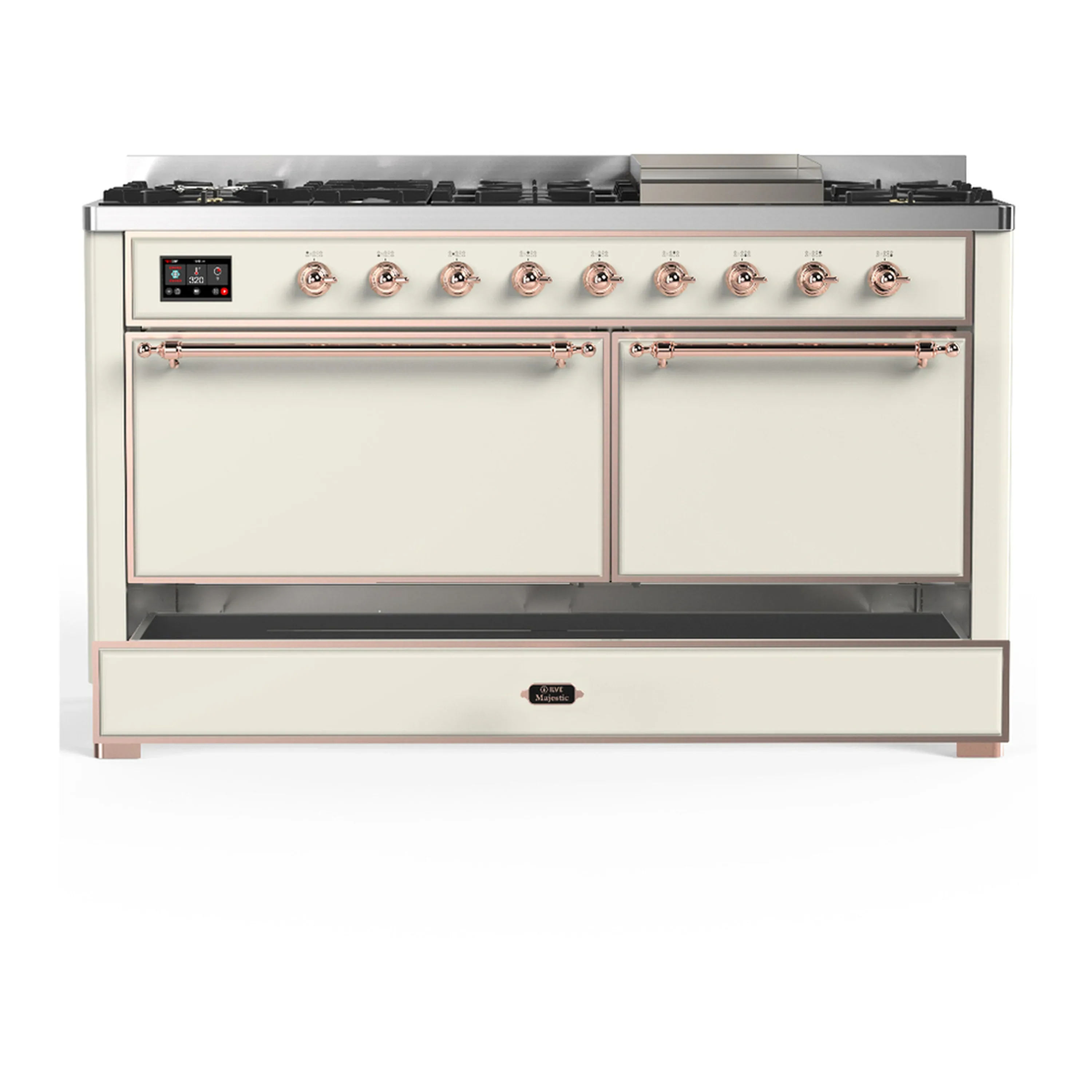 ILVE Majestic III 60-inch Dual Fuel Range with 7 Natural Gas Burner, Griddle and Solid Door Electric Oven in Antique White with Copper Trim (UM60FQNR3AWP) - Image 3