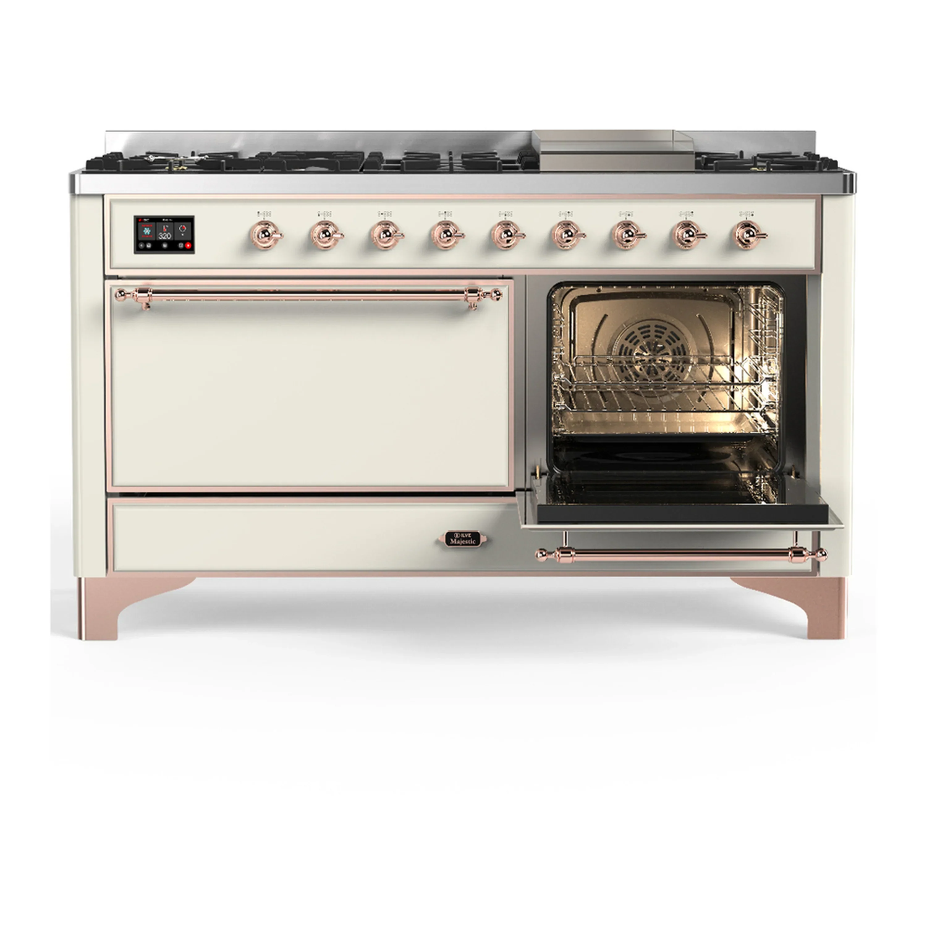 ILVE Majestic III 60-inch Dual Fuel Range with 7 Natural Gas Burner, Griddle and Solid Door Electric Oven in Antique White with Copper Trim (UM60FQNR3AWP) - Image 4