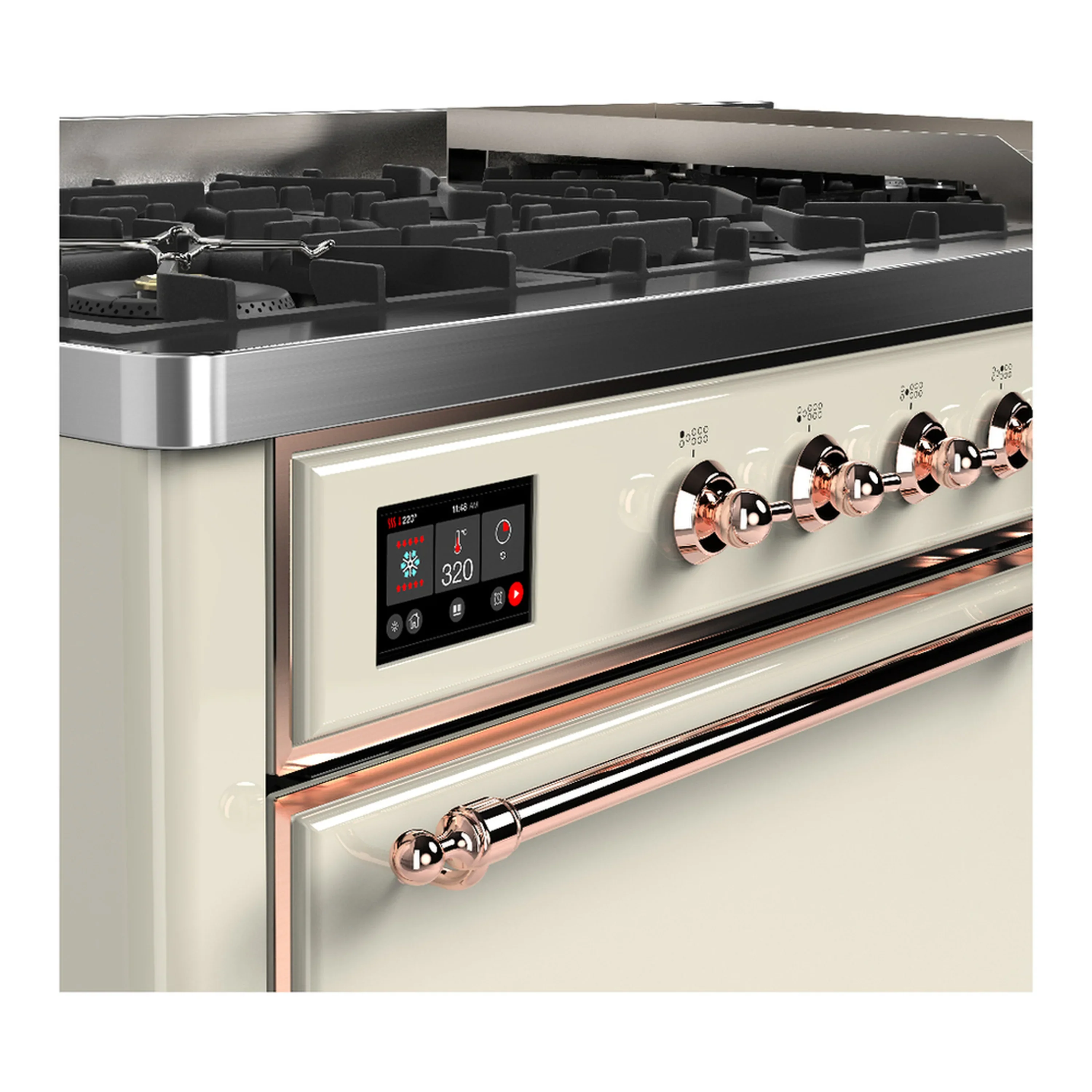 ILVE Majestic III 60-inch Dual Fuel Range with 7 Natural Gas Burner, Griddle and Solid Door Electric Oven in Antique White with Copper Trim (UM60FQNR3AWP) - Image 7