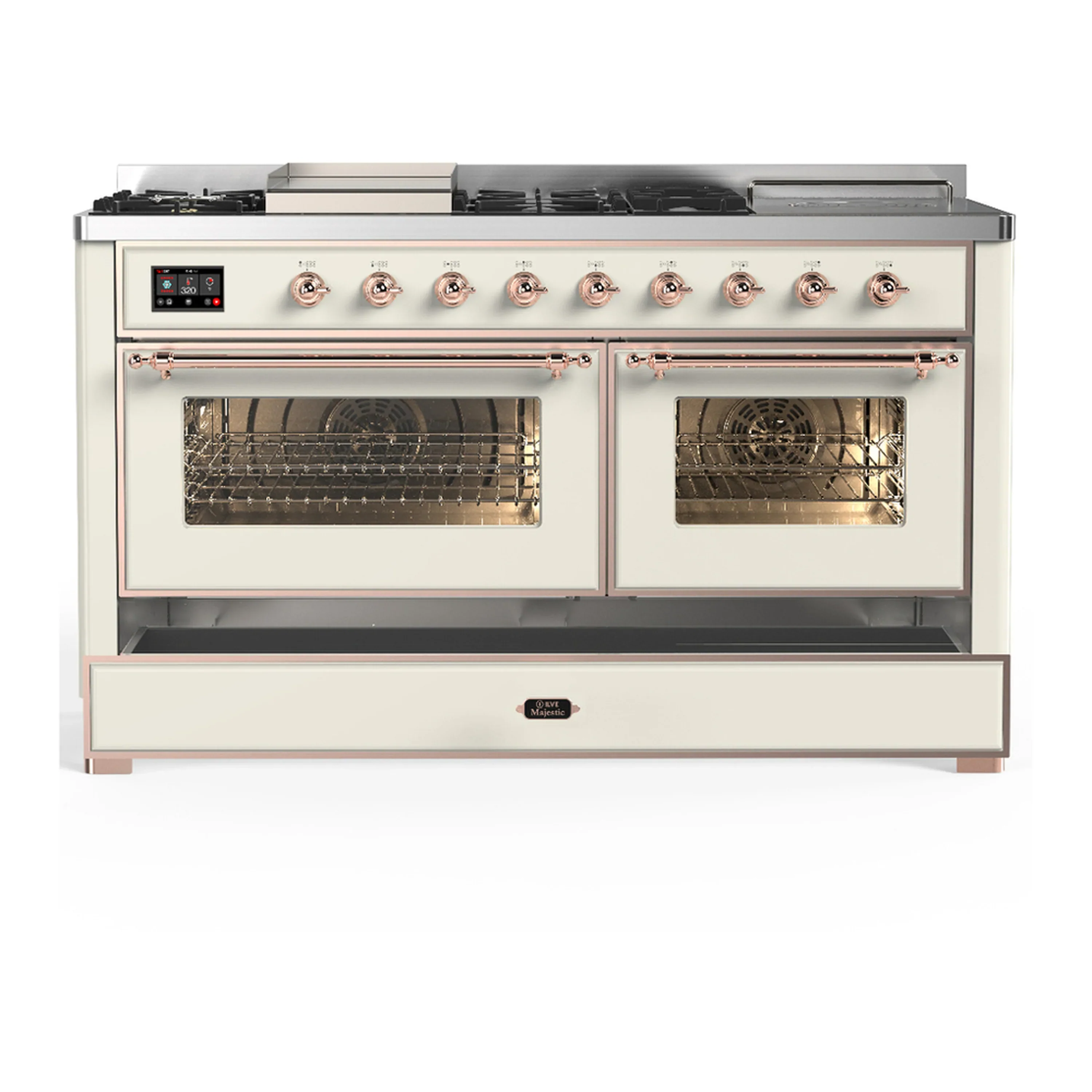 ILVE Majestic III 60-inch Dual Fuel Range with 7 Natural Gas Burner, Griddle, French Top and Triple Glass Door Electric Oven in Antique White with Copper Trim (UM60FSNR3AWP) - Image 3