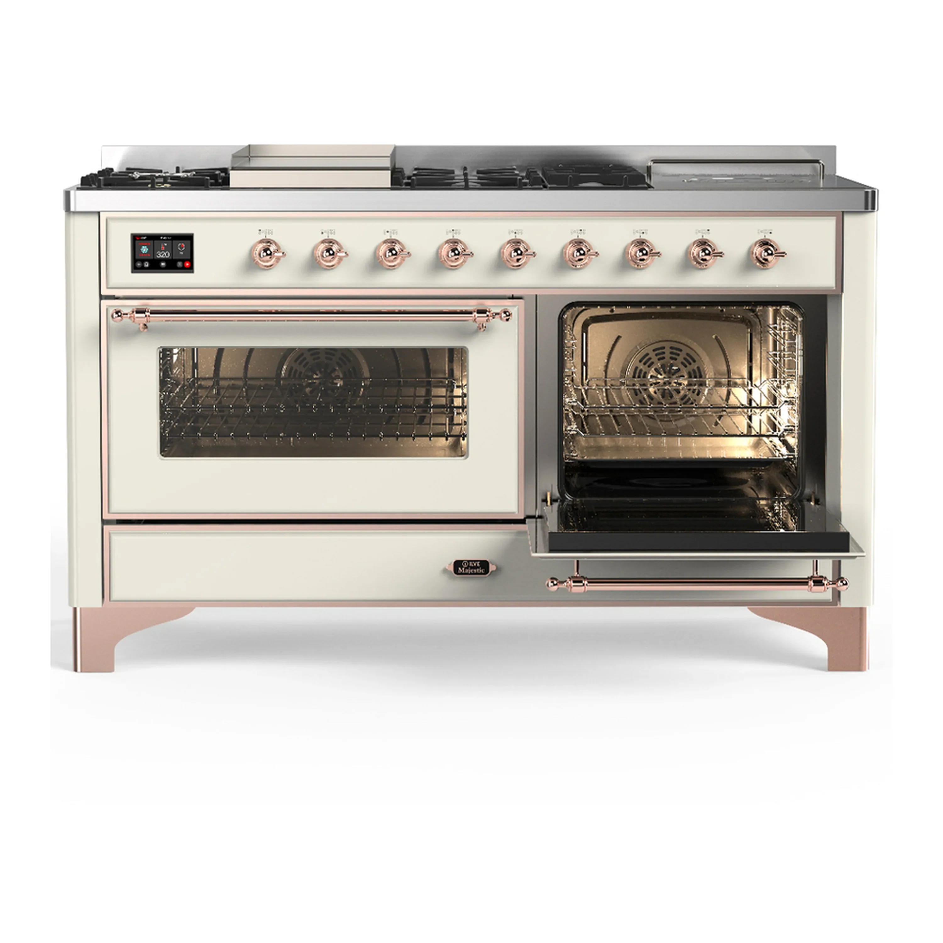 ILVE Majestic III 60-inch Dual Fuel Range with 7 Natural Gas Burner, Griddle, French Top and Triple Glass Door Electric Oven in Antique White with Copper Trim (UM60FSNR3AWP) - Image 4