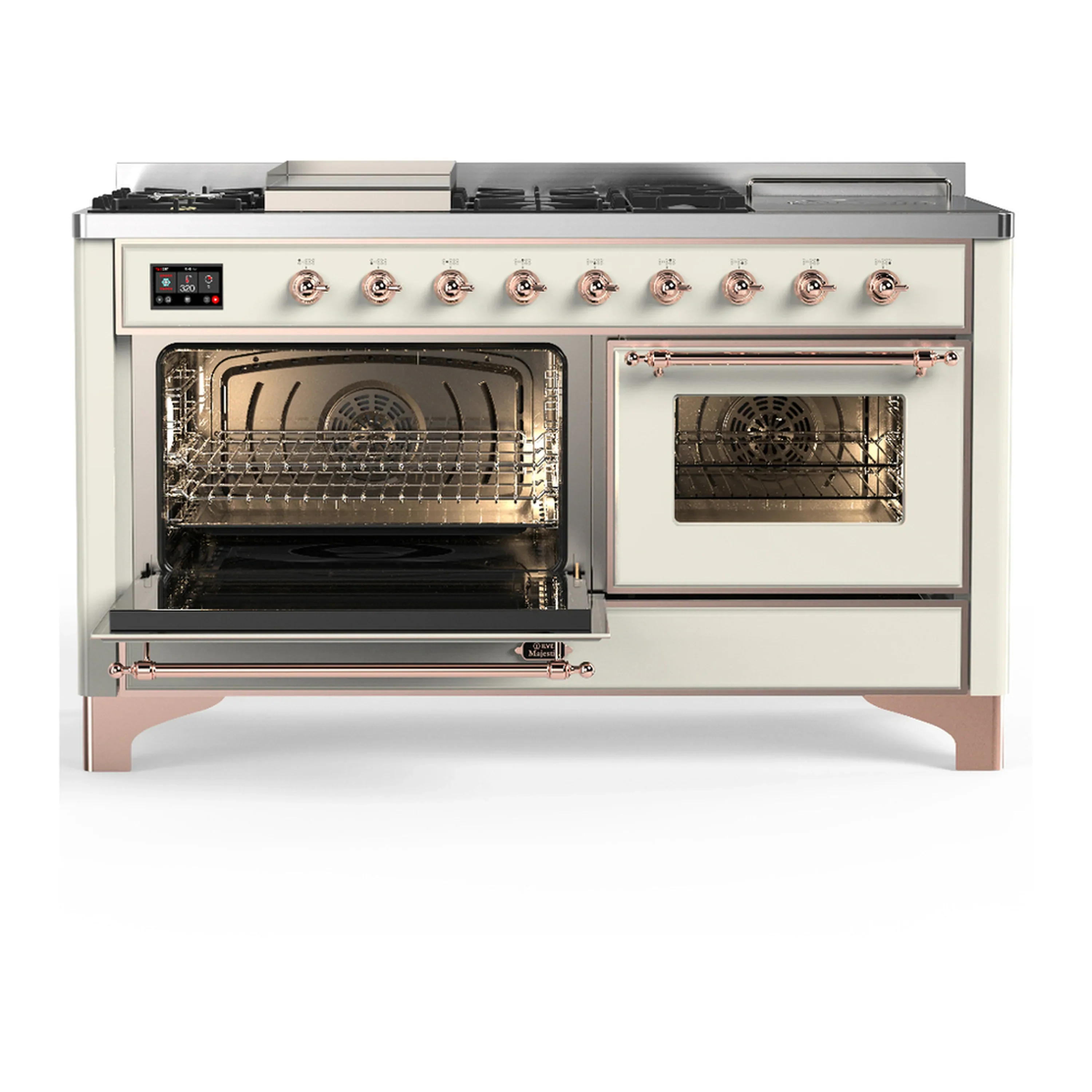 ILVE Majestic III 60-inch Dual Fuel Range with 5 Liquid Propane Burner, Griddle, French Top and Triple Glass Door Electric Oven in Antique White with Copper Trim (UM60FSNR3AWPLP) - Image 5