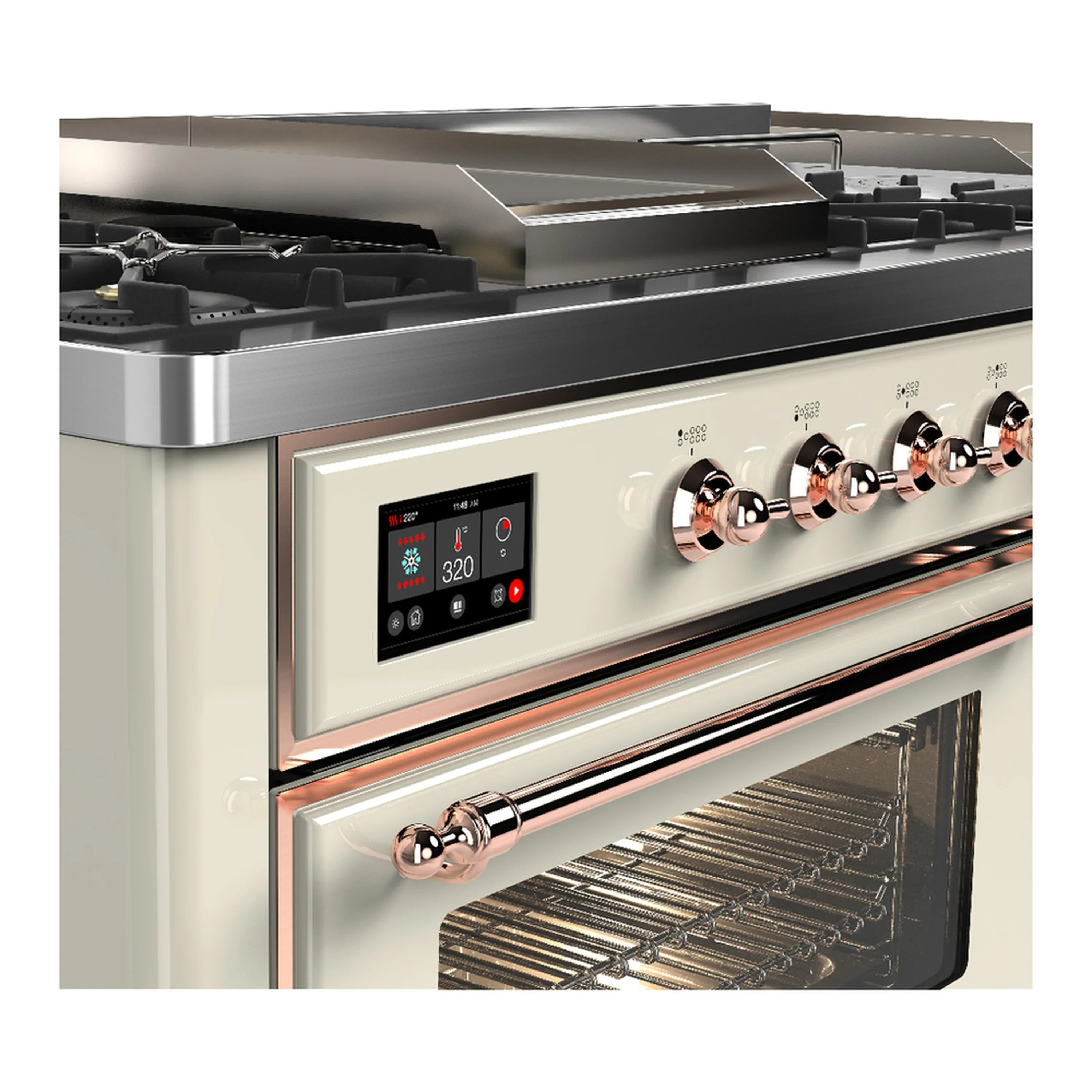 ILVE Majestic III 60-inch Dual Fuel Range with 5 Liquid Propane Burner, Griddle, French Top and Triple Glass Door Electric Oven in Antique White with Copper Trim (UM60FSNR3AWPLP) - Image 7