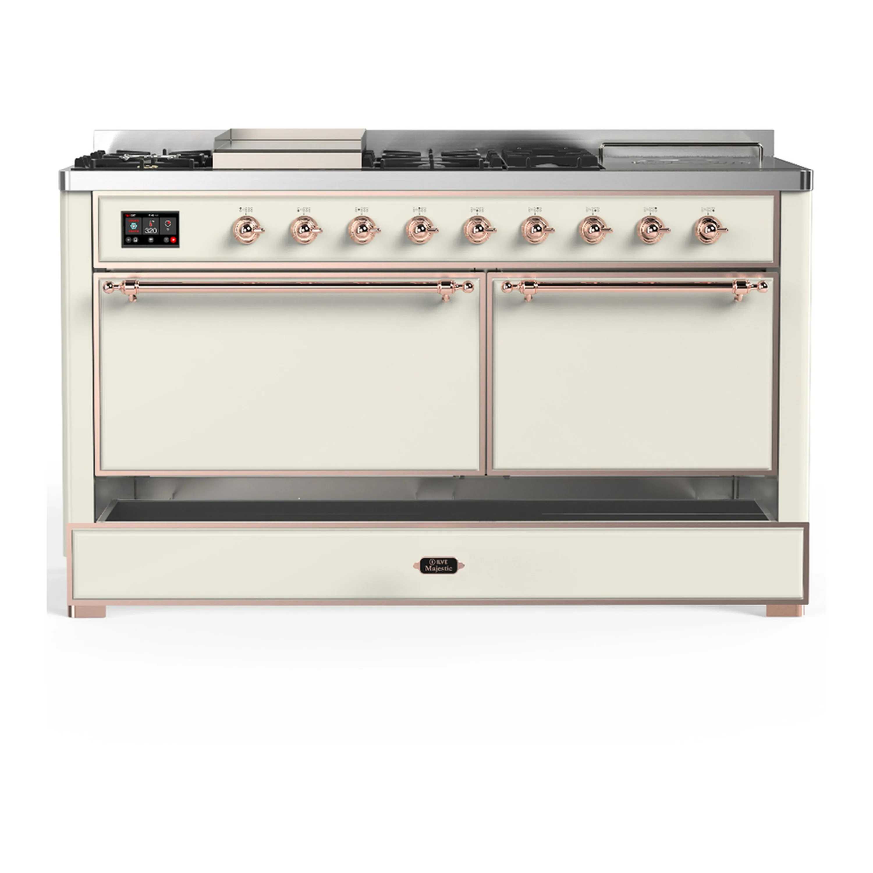 ILVE Majestic III 60-inch Dual Fuel Range with 7 Natural Gas Burner, Griddle, French Top and Solid Door Electric Oven in Antique White with Copper Trim (UM60FSQNR3AWP) - Image 3