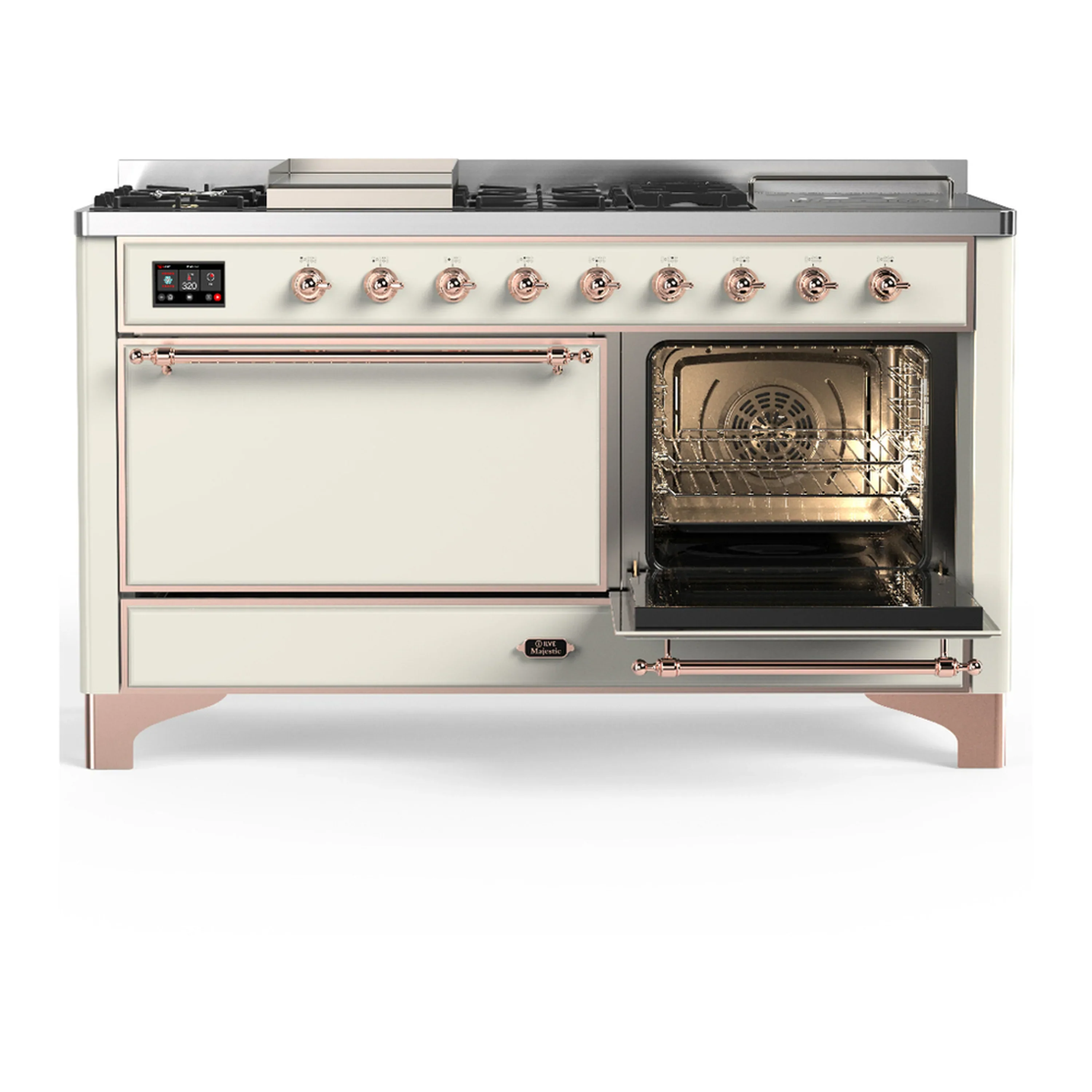 ILVE Majestic III 60-inch Dual Fuel Range with 7 Natural Gas Burner, Griddle, French Top and Solid Door Electric Oven in Antique White with Copper Trim (UM60FSQNR3AWP) - Image 4