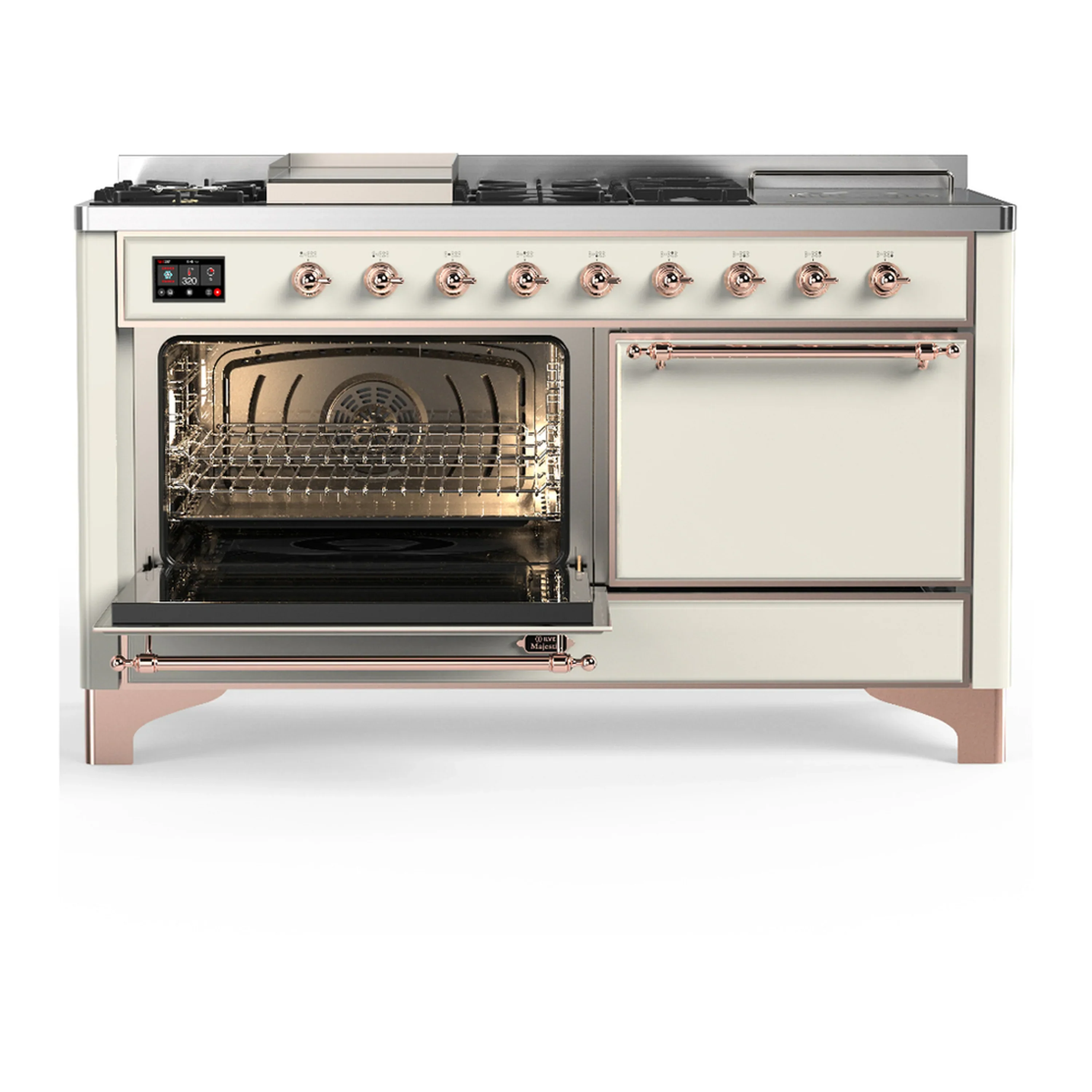 ILVE Majestic III 60-inch Dual Fuel Range with 7 Natural Gas Burner, Griddle, French Top and Solid Door Electric Oven in Antique White with Copper Trim (UM60FSQNR3AWP) - Image 5