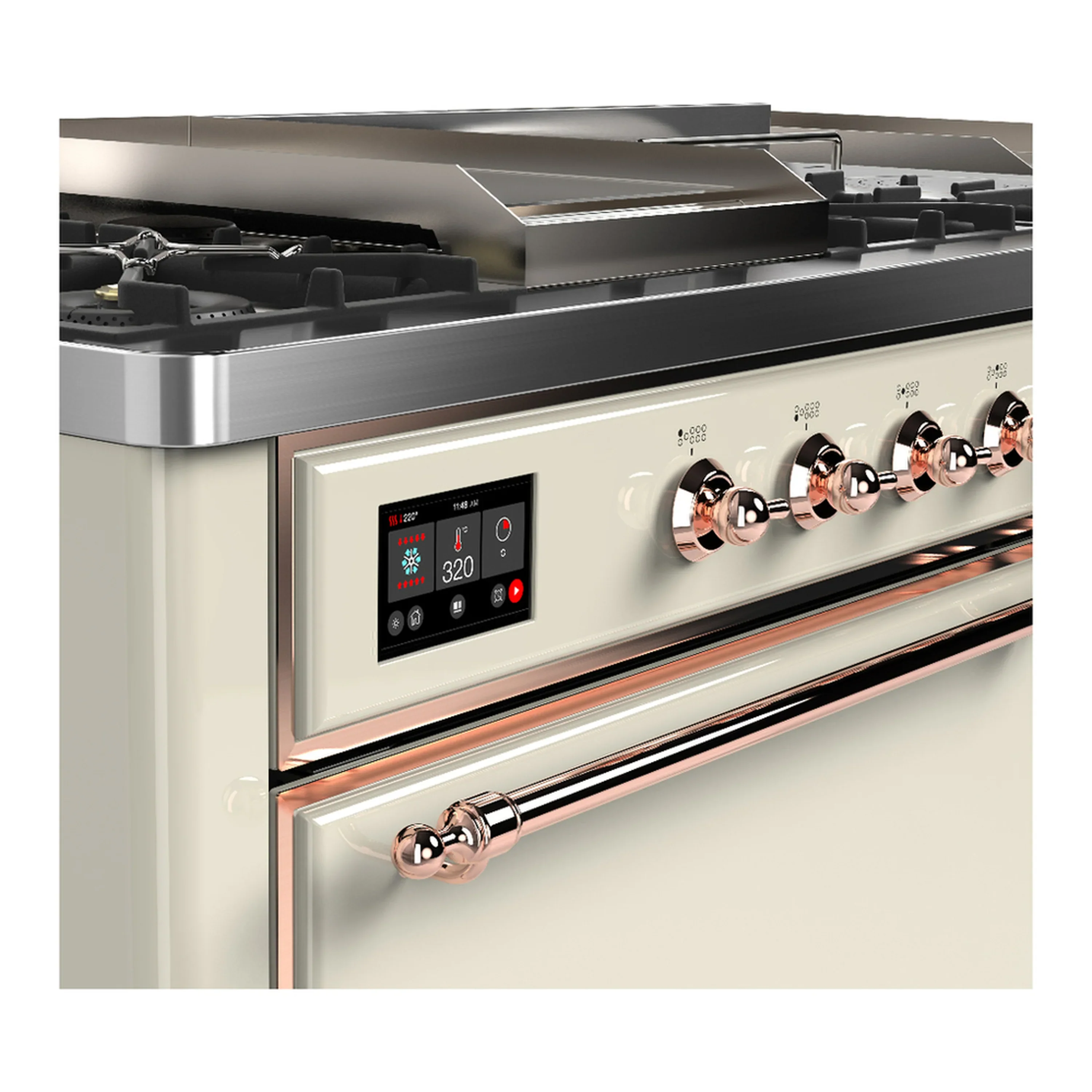 ILVE Majestic III 60-inch Dual Fuel Range with 5 Liquid Propane Burner, Griddle, French Top and Solid Door Electric Oven in Antique White with Copper Trim (UM60FSQNR3AWPLP) - Image 7