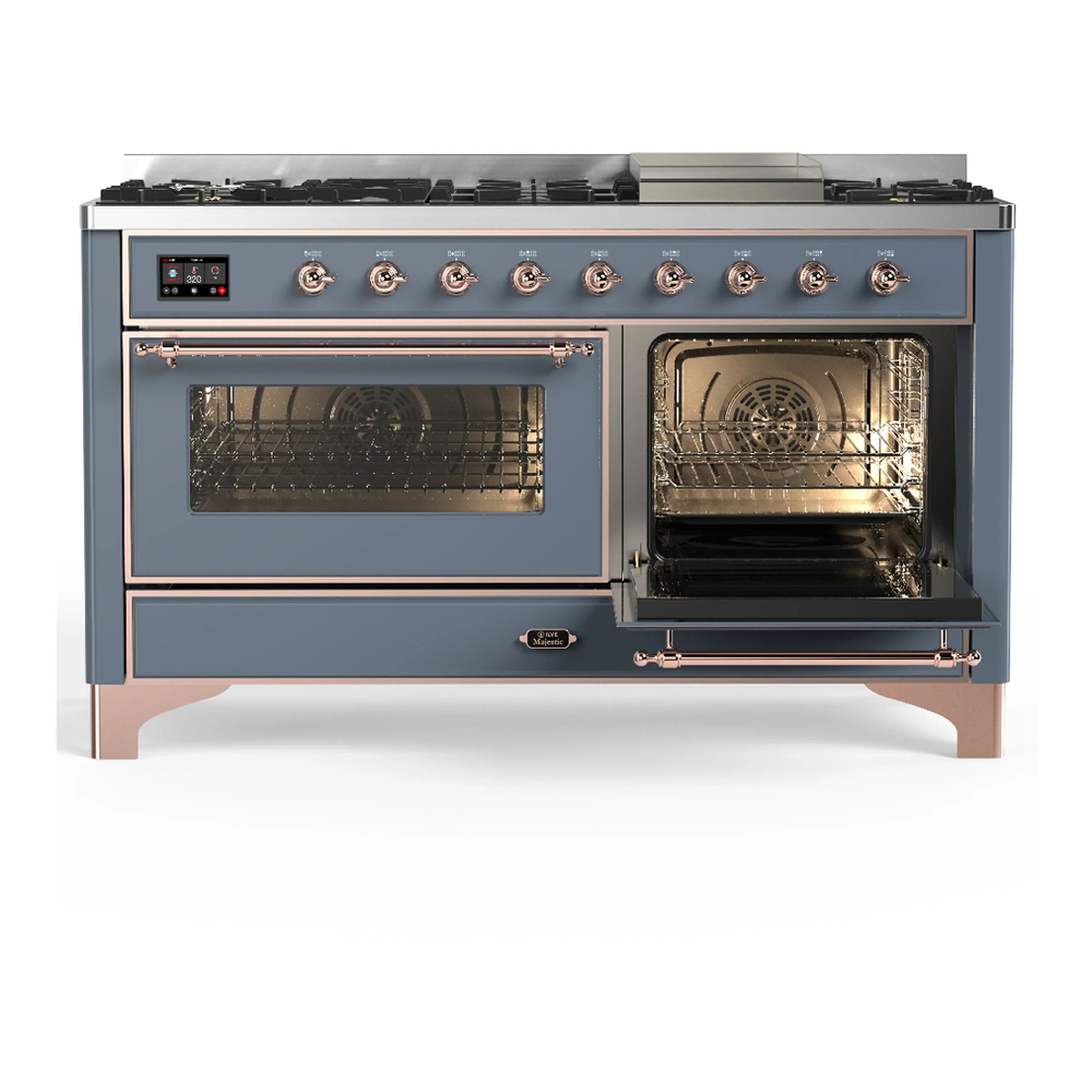 ILVE Majestic III 60-inch Dual Fuel Range with 7 Natural Gas Burner, Griddle and Triple Glass Door Electric Oven in Blue Grey with Copper Trim (UM60FNR3BGP) - Image 4