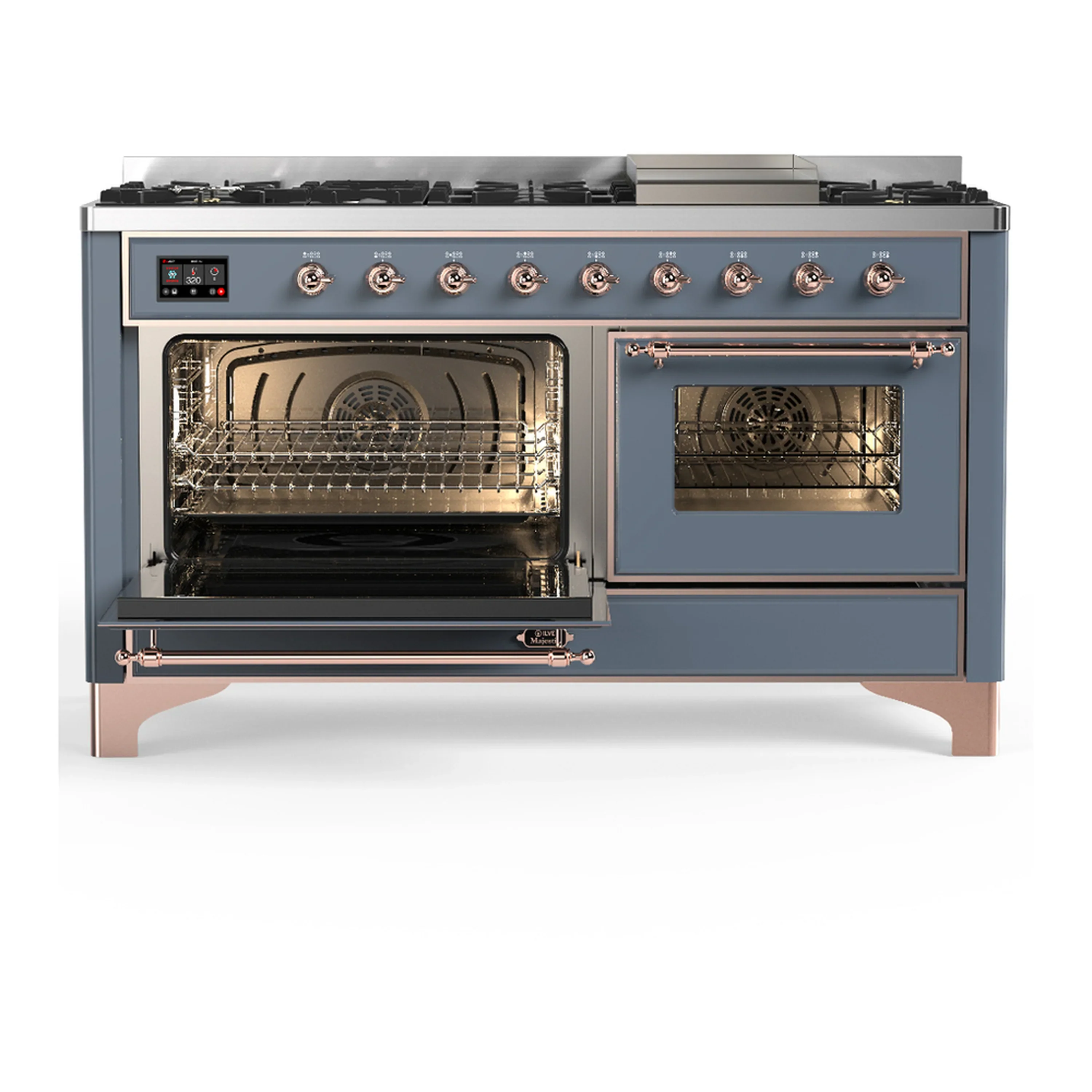 ILVE Majestic III 60-inch Dual Fuel Range with 7 Natural Gas Burner, Griddle and Triple Glass Door Electric Oven in Blue Grey with Copper Trim (UM60FNR3BGP) - Image 5