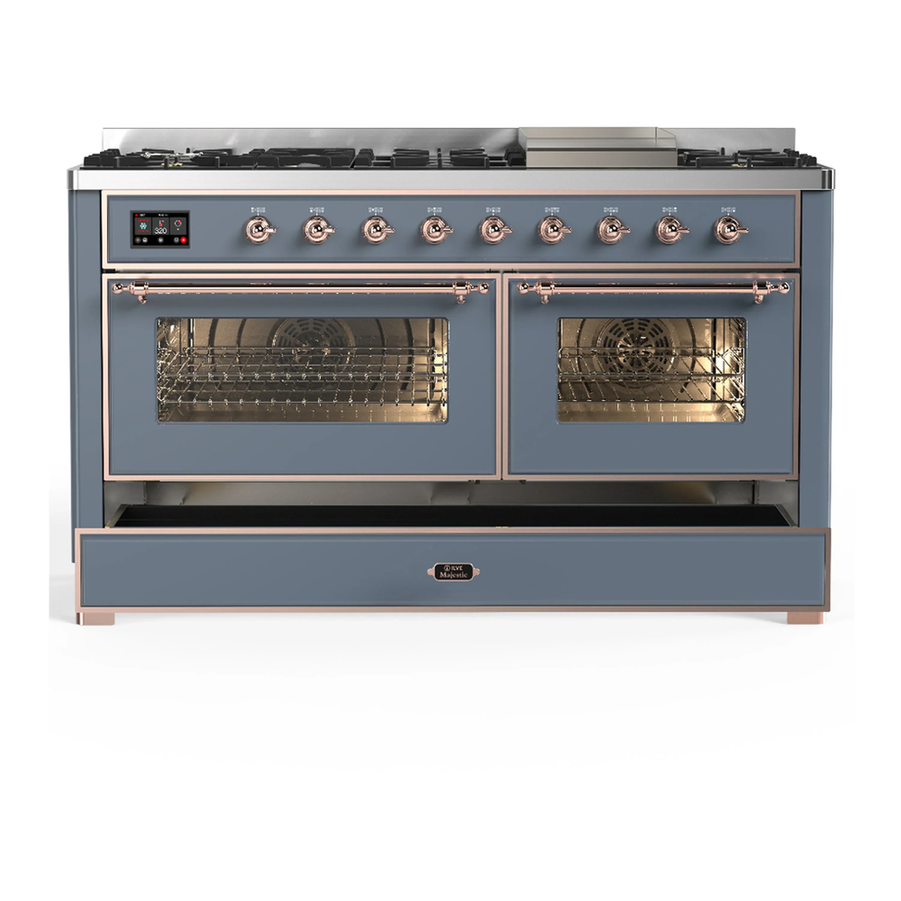 ILVE Majestic III 60-inch Dual Fuel Range with 5 Liquid Propane Burner, Griddle and Triple Glass Door Electric Oven in Blue Grey with Copper Trim (UM60FNR3BGPLP) - Image 3