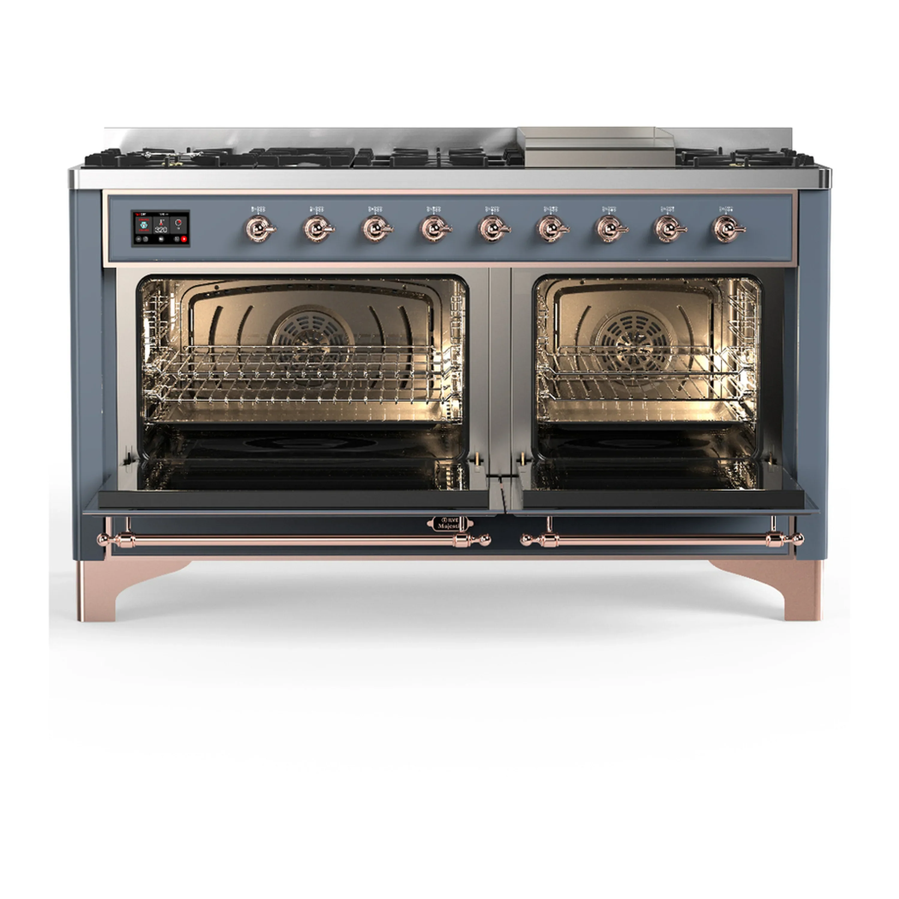 ILVE Majestic III 60-inch Dual Fuel Range with 5 Liquid Propane Burner, Griddle and Triple Glass Door Electric Oven in Blue Grey with Copper Trim (UM60FNR3BGPLP) - Image 6