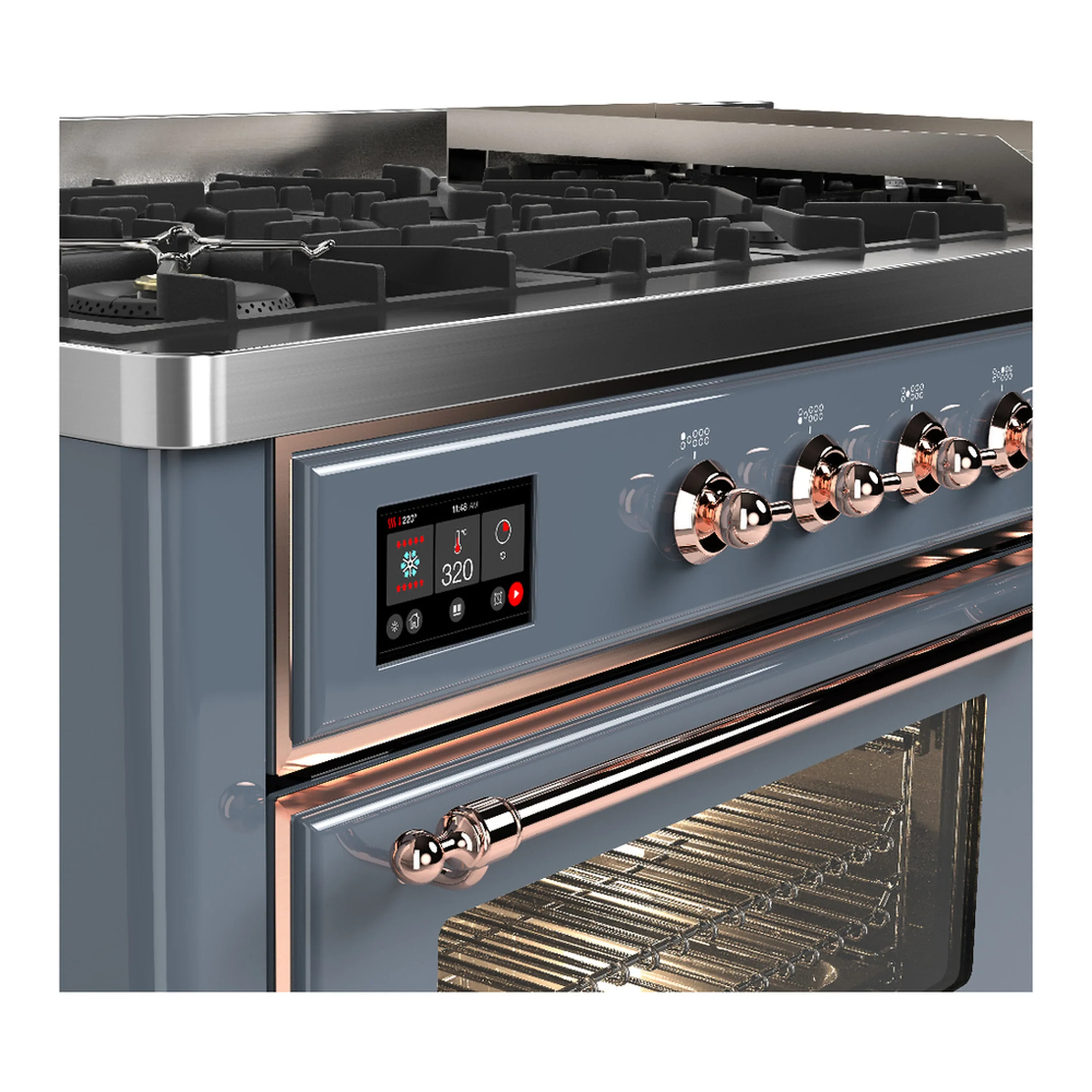 ILVE Majestic III 60-inch Dual Fuel Range with 5 Liquid Propane Burner, Griddle and Triple Glass Door Electric Oven in Blue Grey with Copper Trim (UM60FNR3BGPLP) - Image 7