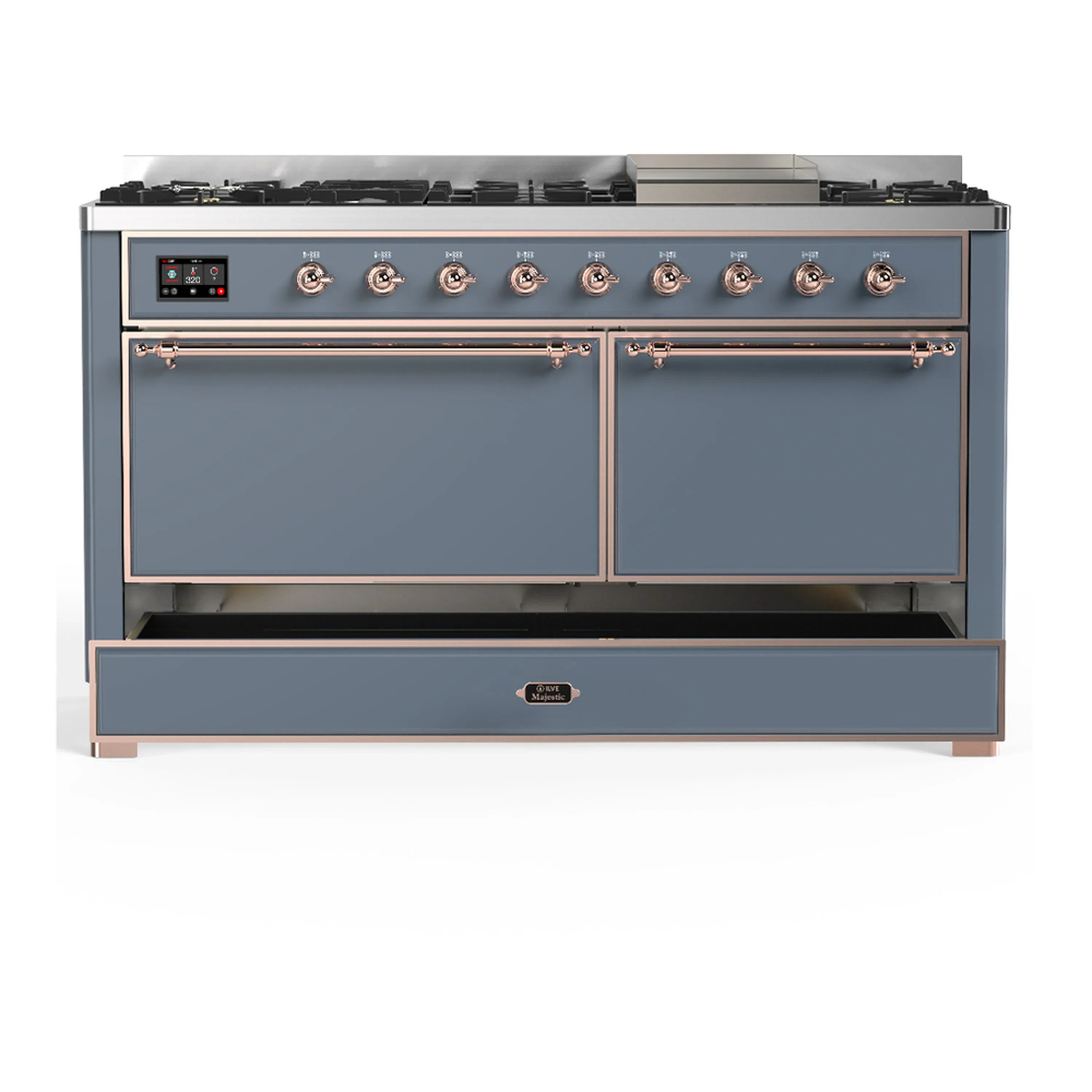 ILVE Majestic III 60-inch Dual Fuel Range with 7 Natural Gas Burner, Griddle and Solid Door Electric Oven in Blue Grey with Copper Trim (UM60FQNR3BGP) - Image 3