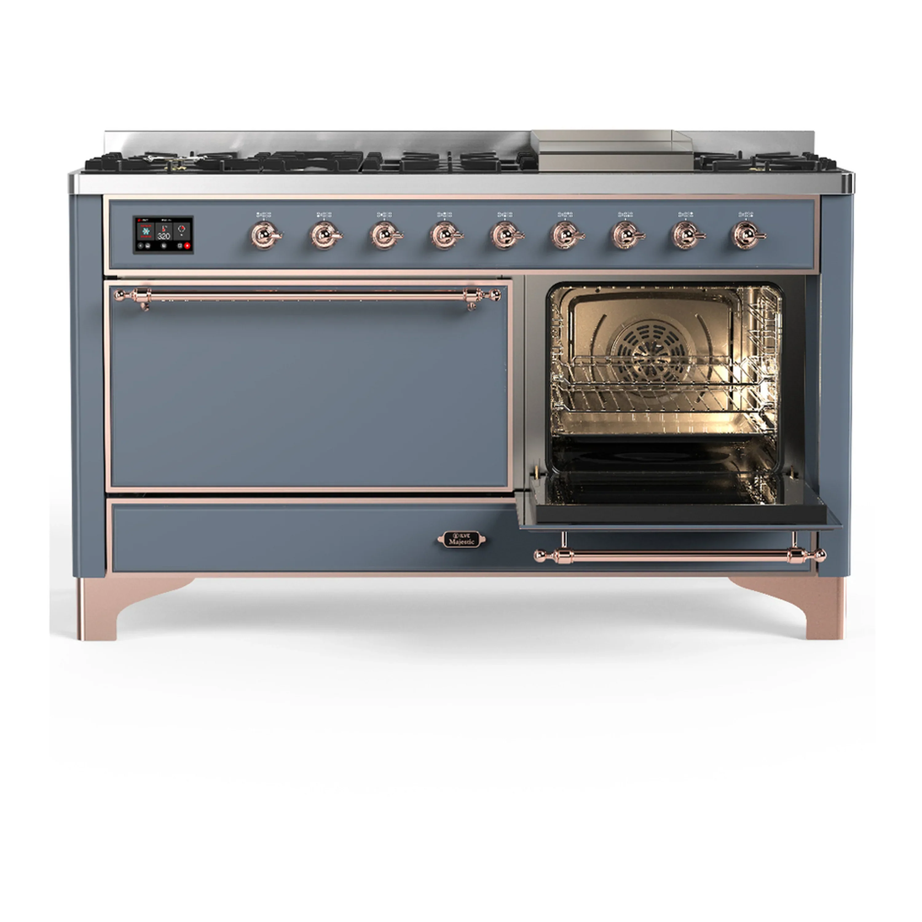 ILVE Majestic III 60-inch Dual Fuel Range with 7 Natural Gas Burner, Griddle and Solid Door Electric Oven in Blue Grey with Copper Trim (UM60FQNR3BGP) - Image 4