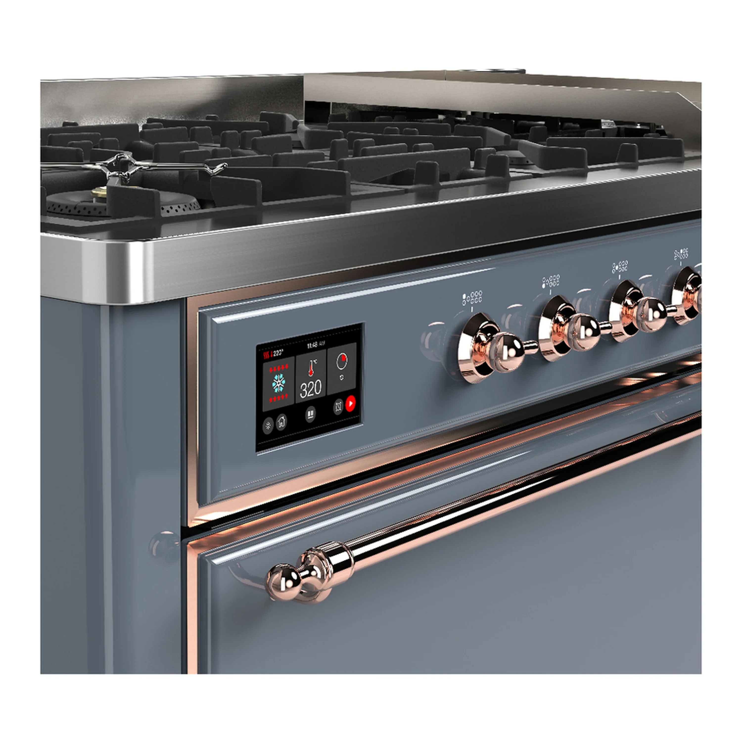 ILVE Majestic III 60-inch Dual Fuel Range with 7 Natural Gas Burner, Griddle and Solid Door Electric Oven in Blue Grey with Copper Trim (UM60FQNR3BGP) - Image 7