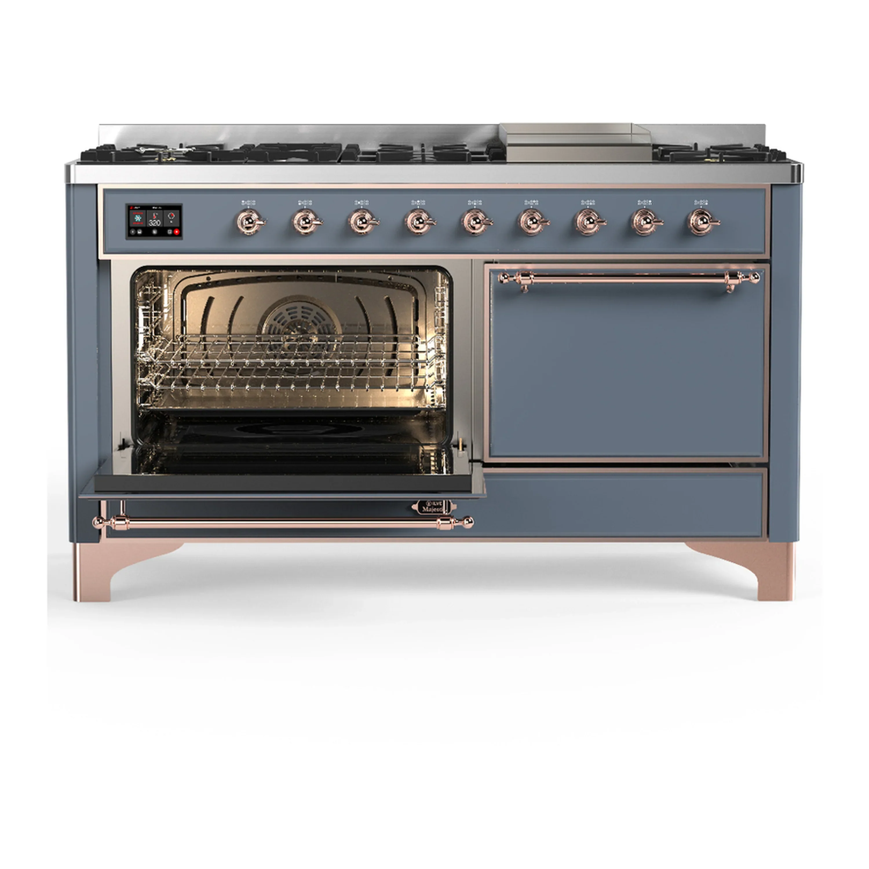ILVE Majestic III 60-inch Dual Fuel Range with 5 Liquid Propane Burner, Griddle and Solid Door Electric Oven in Blue Grey with Copper Trim (UM60FQNR3BGPLP) - Image 5