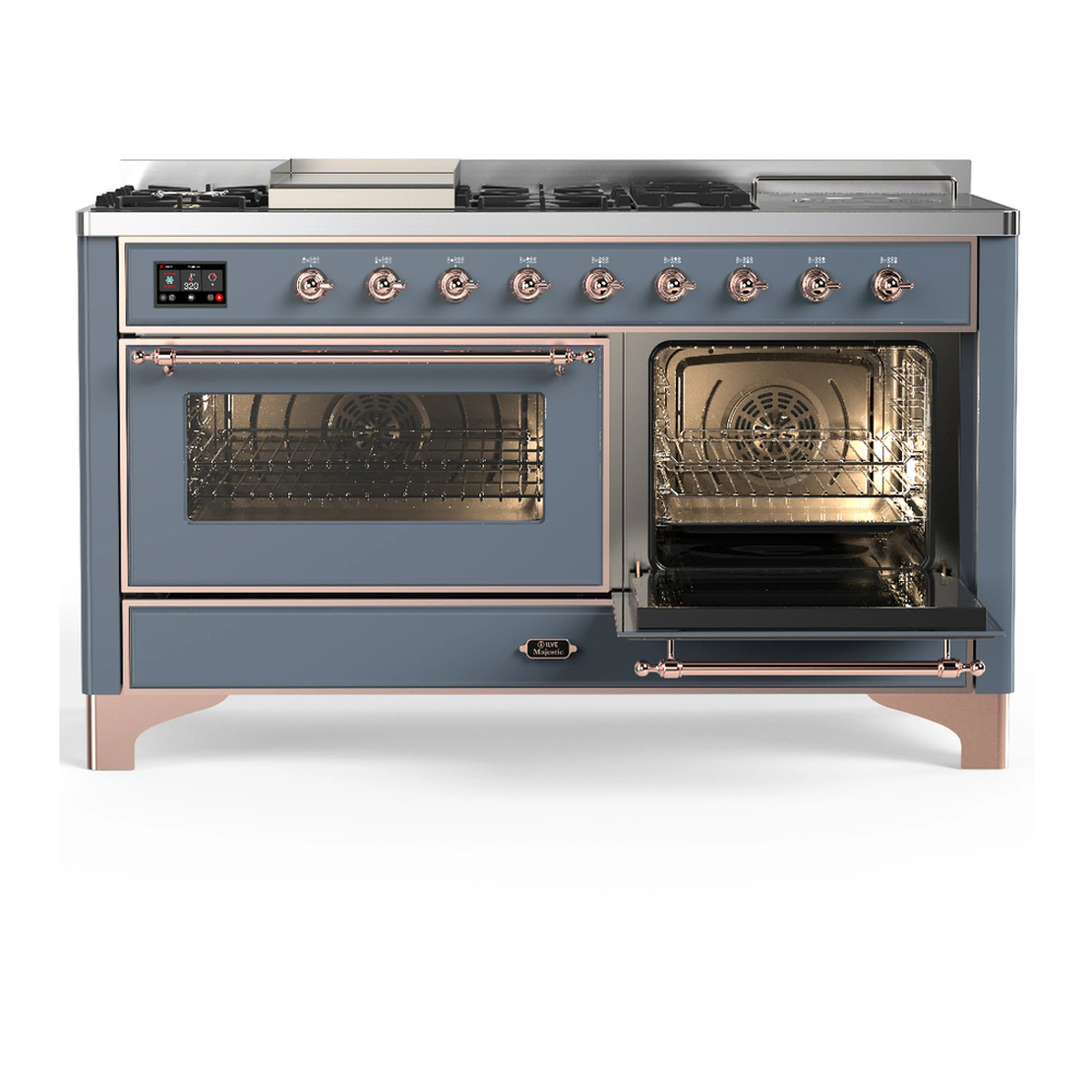 ILVE Majestic III 60-inch Dual Fuel Range with 7 Natural Gas Burner, Griddle, French Top and Triple Glass Door Electric Oven in Blue Grey with Copper Trim (UM60FSNR3BGP) - Image 4
