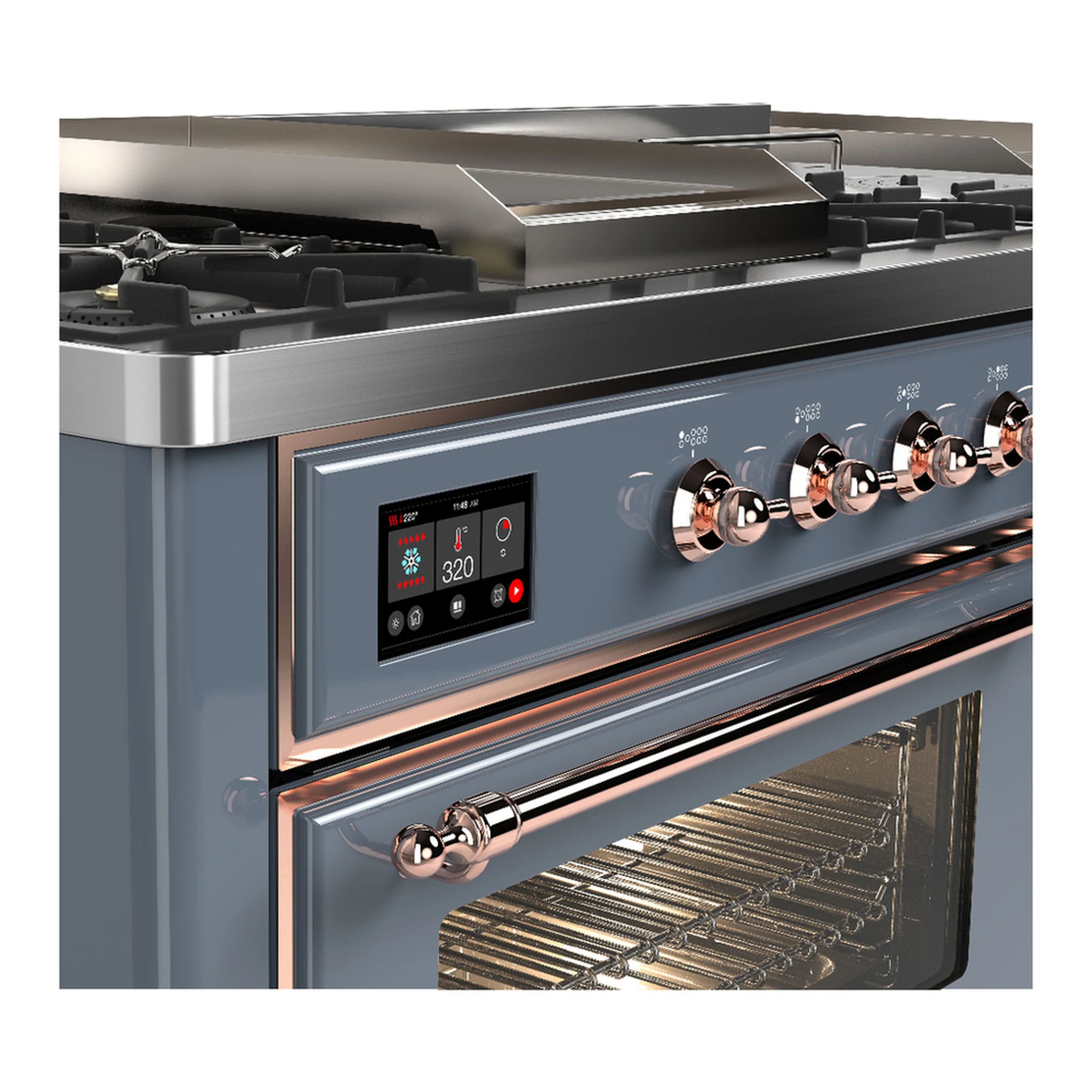 ILVE Majestic III 60-inch Dual Fuel Range with 7 Natural Gas Burner, Griddle, French Top and Triple Glass Door Electric Oven in Blue Grey with Copper Trim (UM60FSNR3BGP) - Image 7